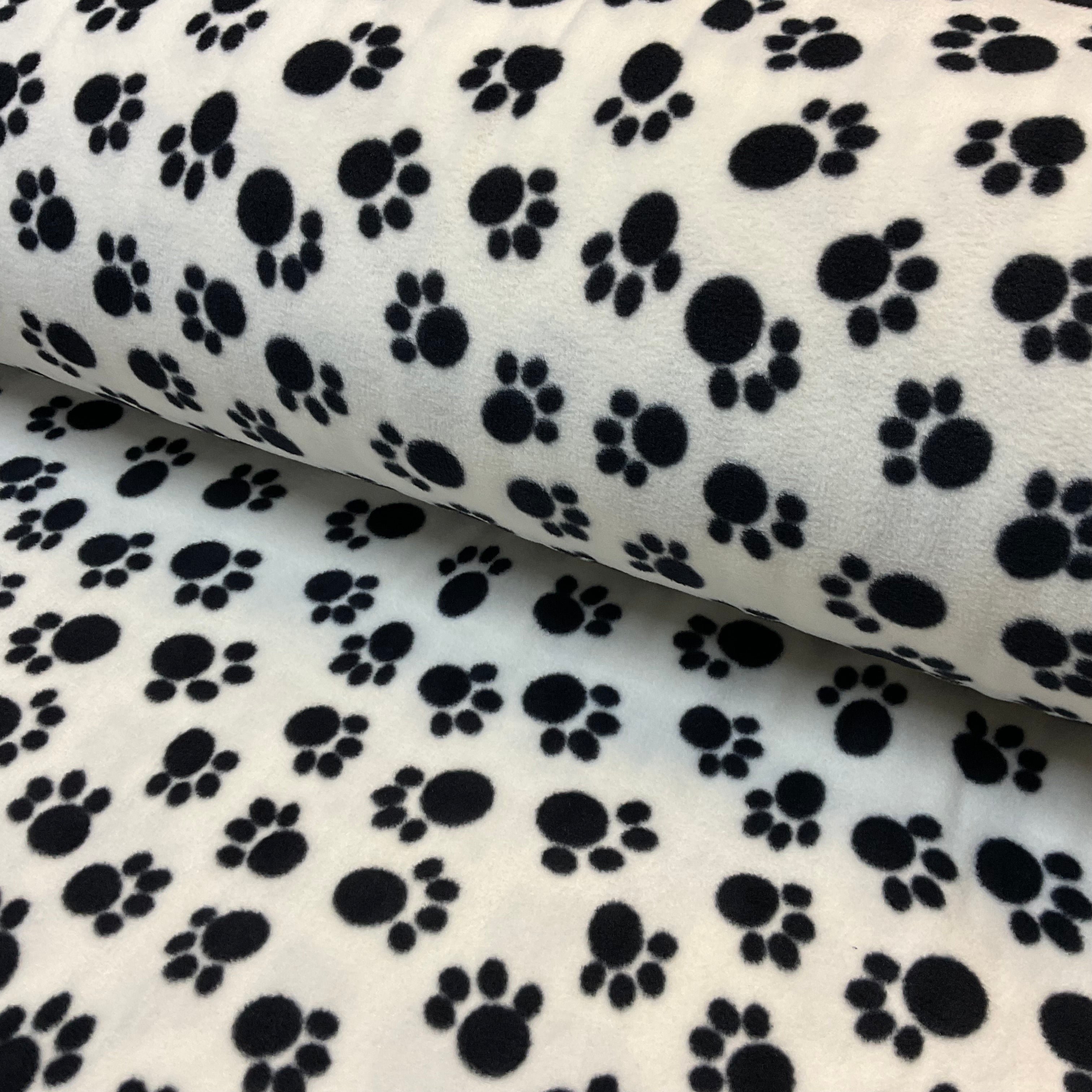 Black paw on white anti pil fleece ideal for Blankets & throws fabric 150cm wide M2067-10