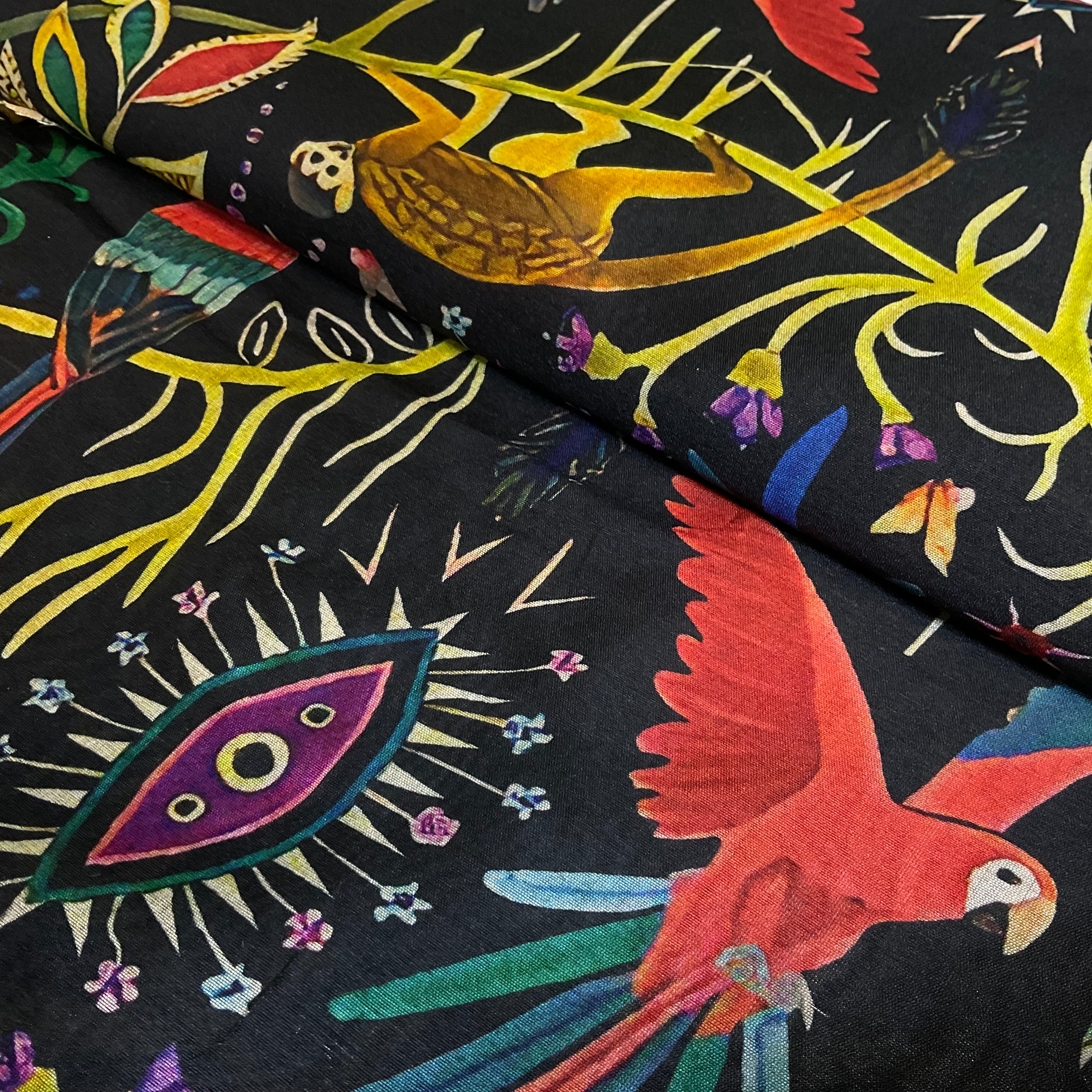 Vibrant exotic Tropical parrots and macows black jungle faux mango silk Dress fabric M2046-10