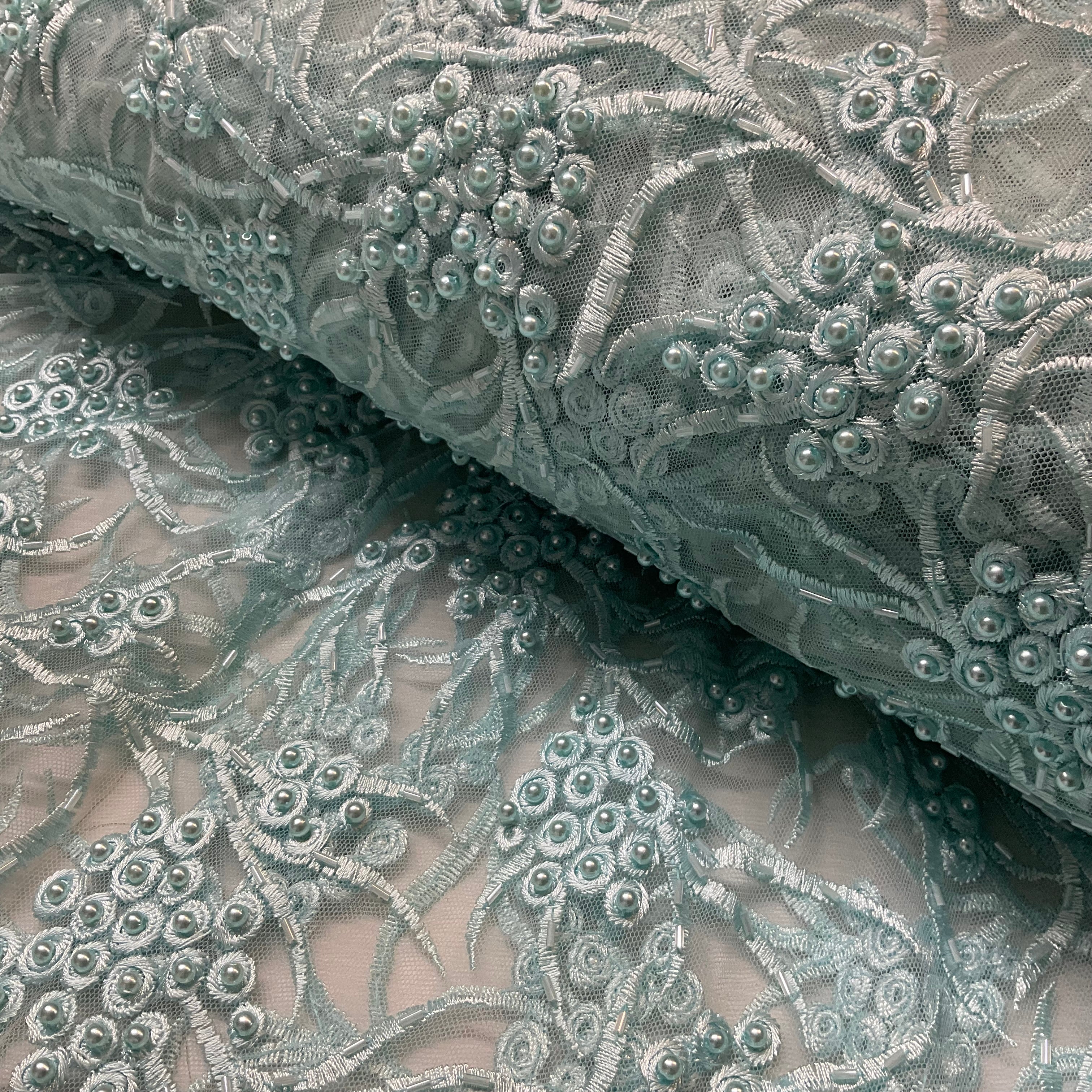 Aqua Beaded Embroidery Lace Fabric with Faux Pearls & Bugle Beads Double Scalloped Border Bridal, Occasion & Evening Wear 130cm Wide M2144