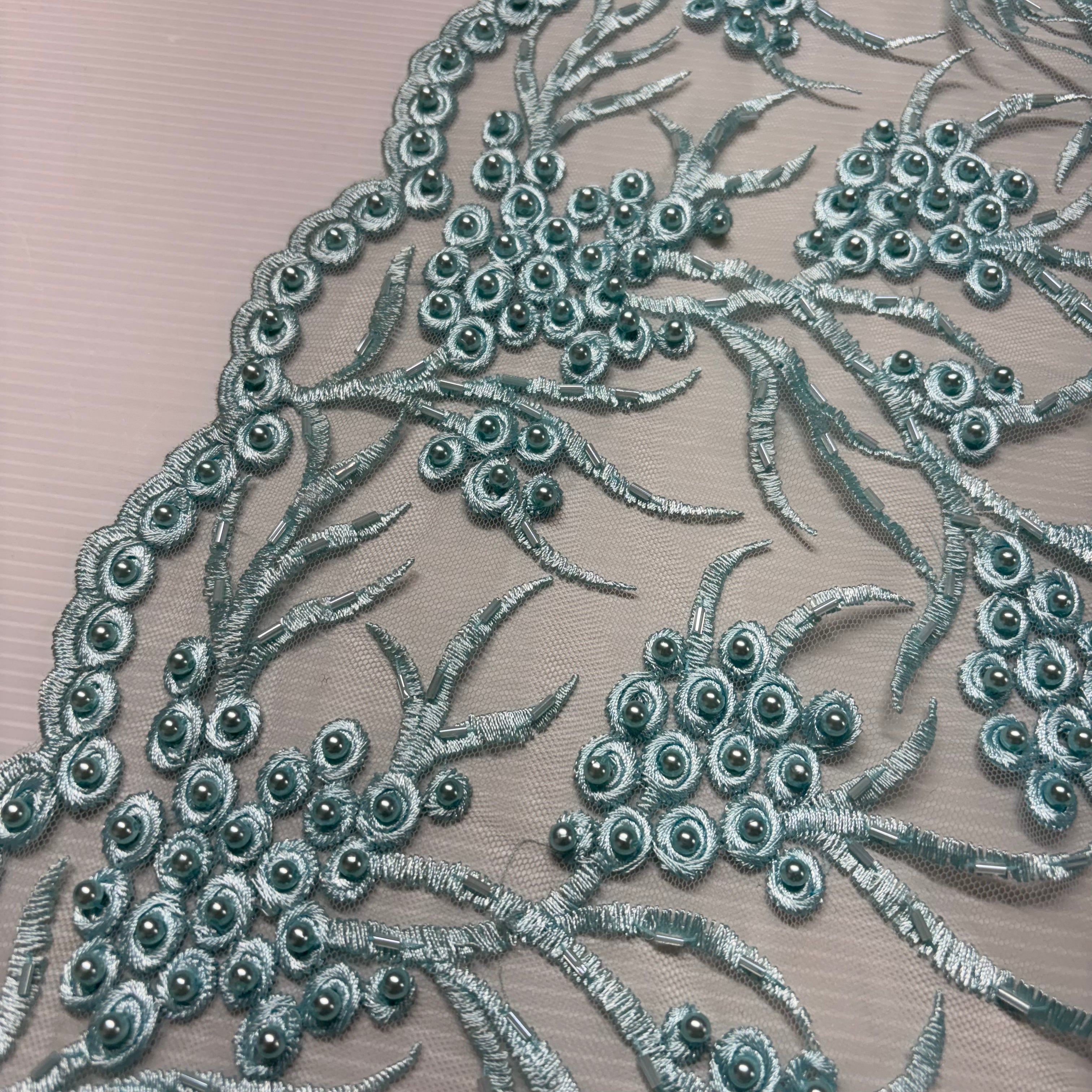 Aqua Beaded Embroidery Lace Fabric with Faux Pearls & Bugle Beads Double Scalloped Border Bridal, Occasion & Evening Wear 130cm Wide M2144