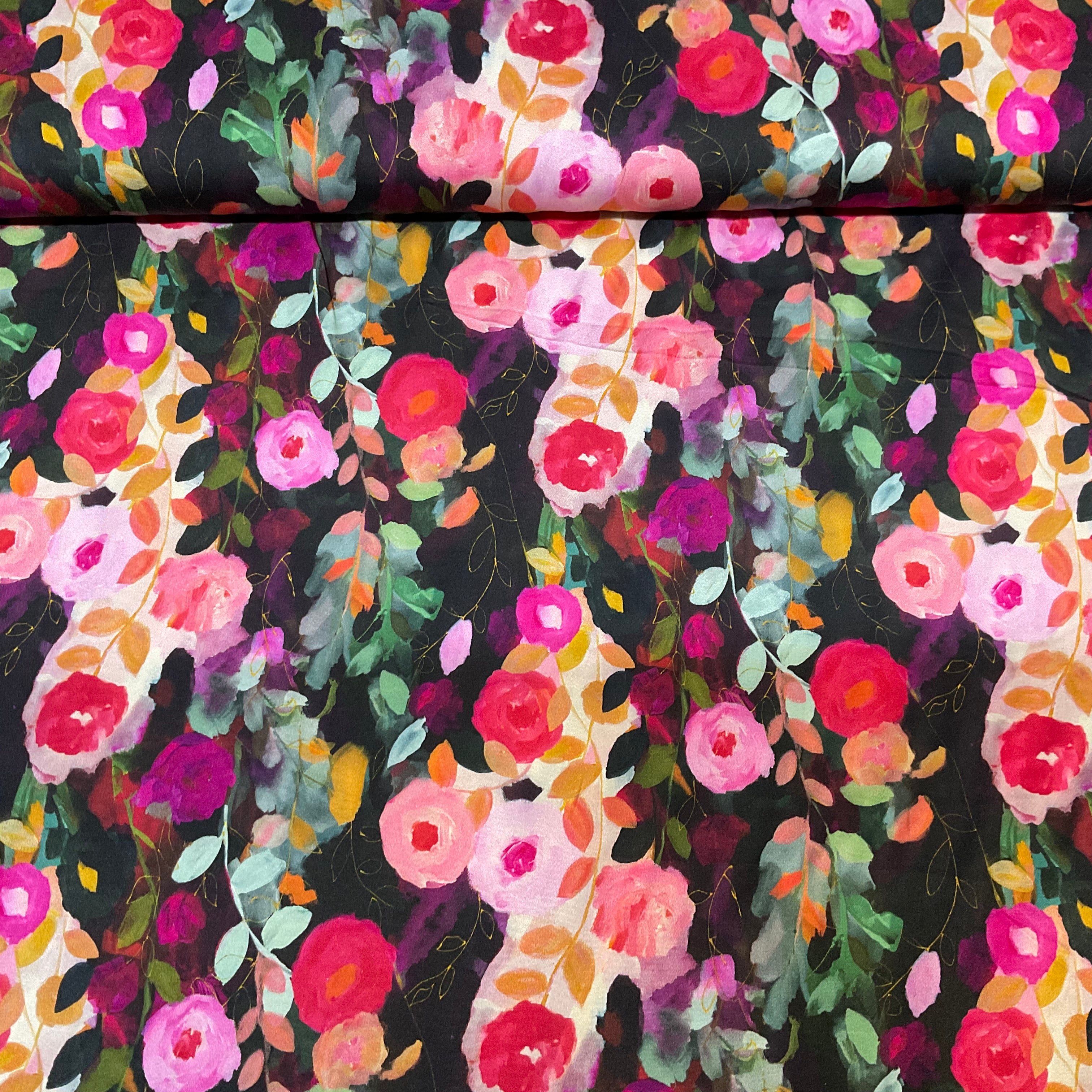 Black Floral silky satin dress fabric 147cm wide M2110 Mtex