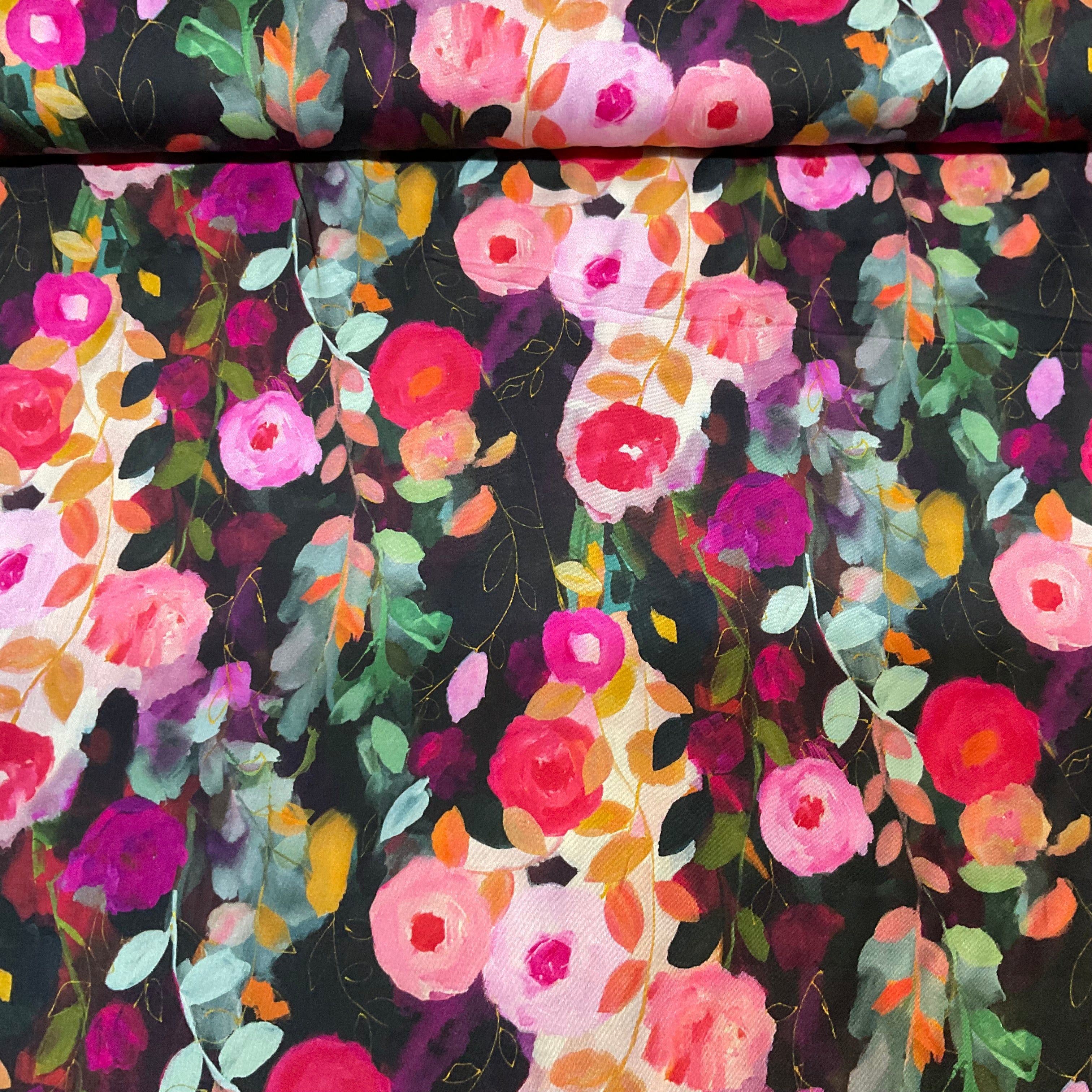 Black Floral silky satin dress fabric 147cm wide M2110 Mtex