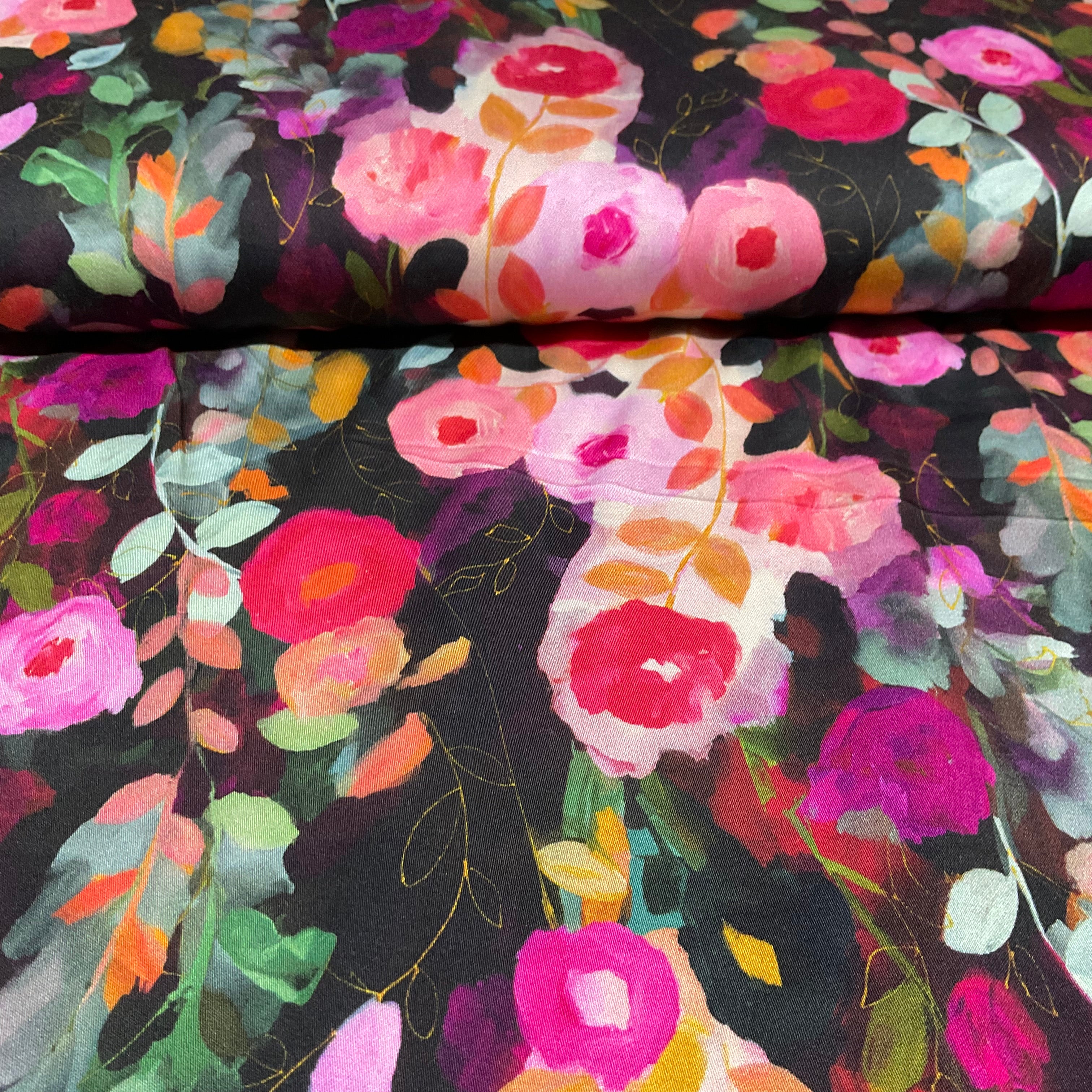 Black Floral silky satin dress fabric 147cm wide M2110 Mtex