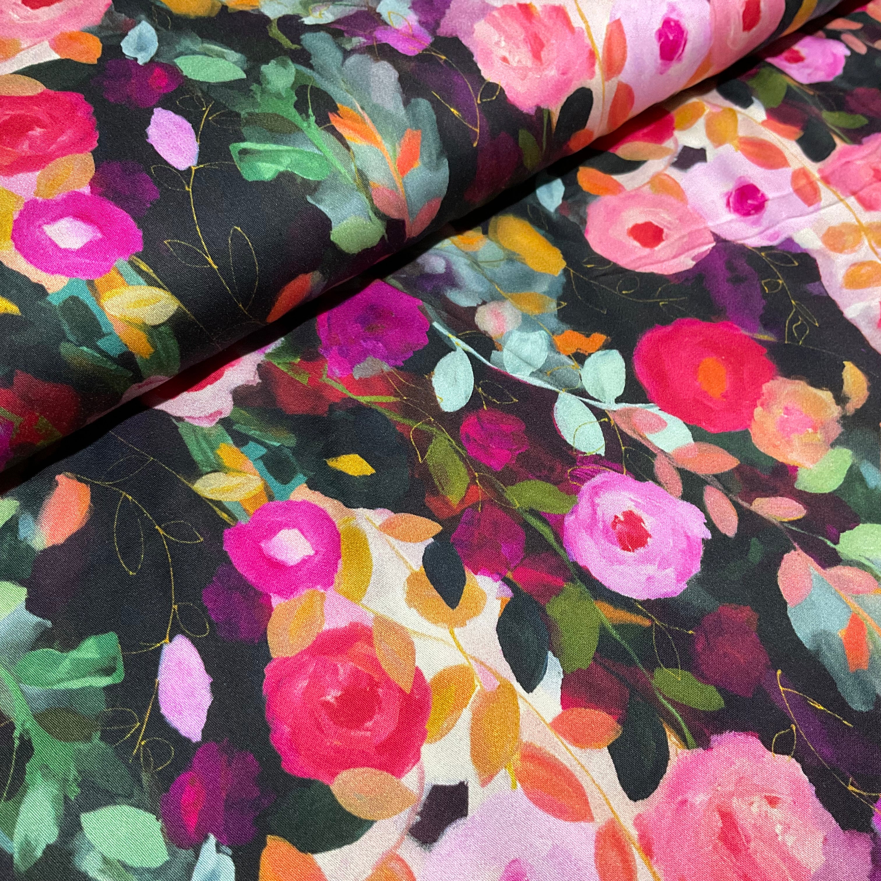 Black Floral silky satin dress fabric 147cm wide M2110 Mtex
