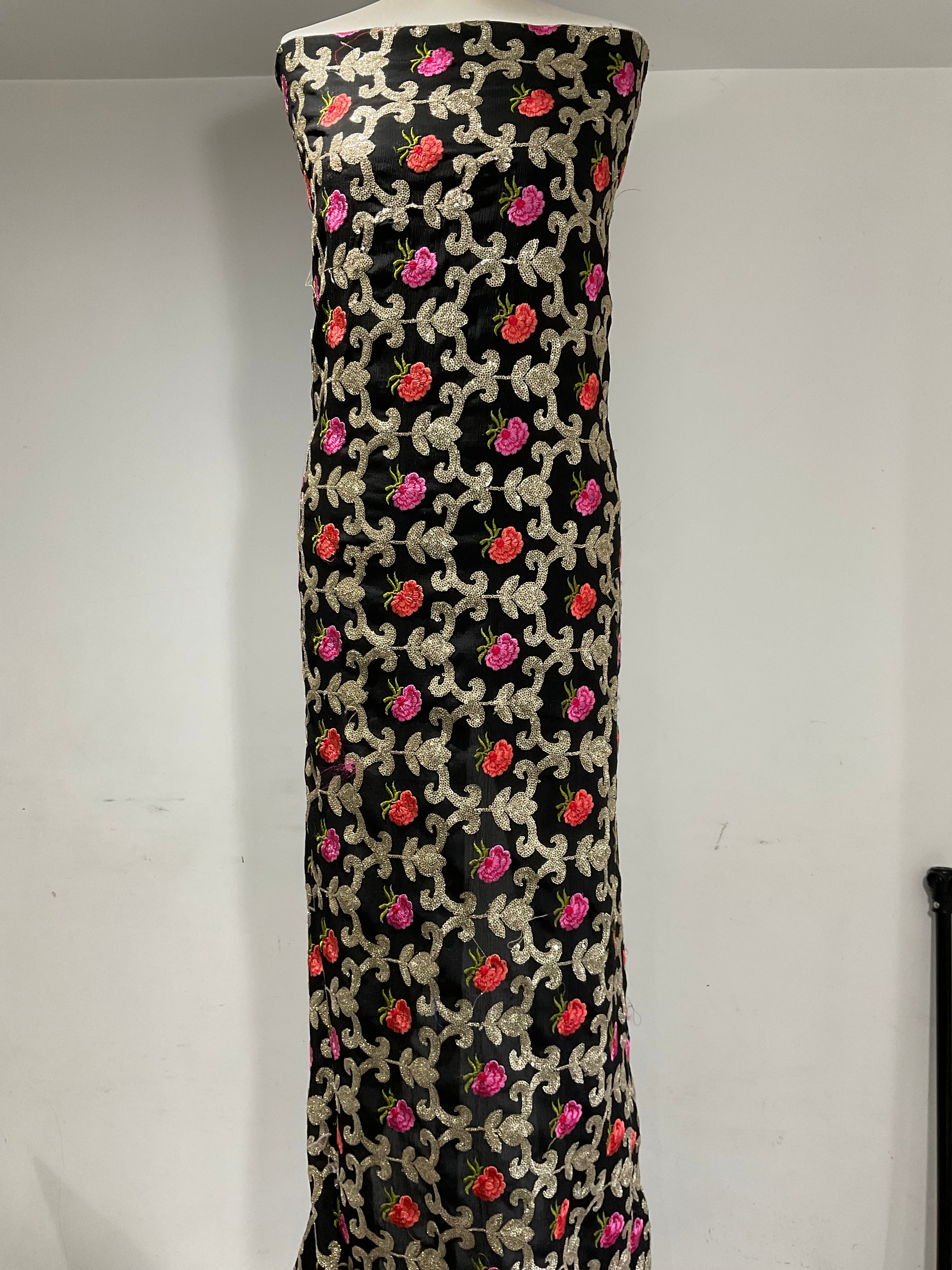 Black Embroidered sequin floral Gold Chiffon Dress Fabric 100cm Wide M1966