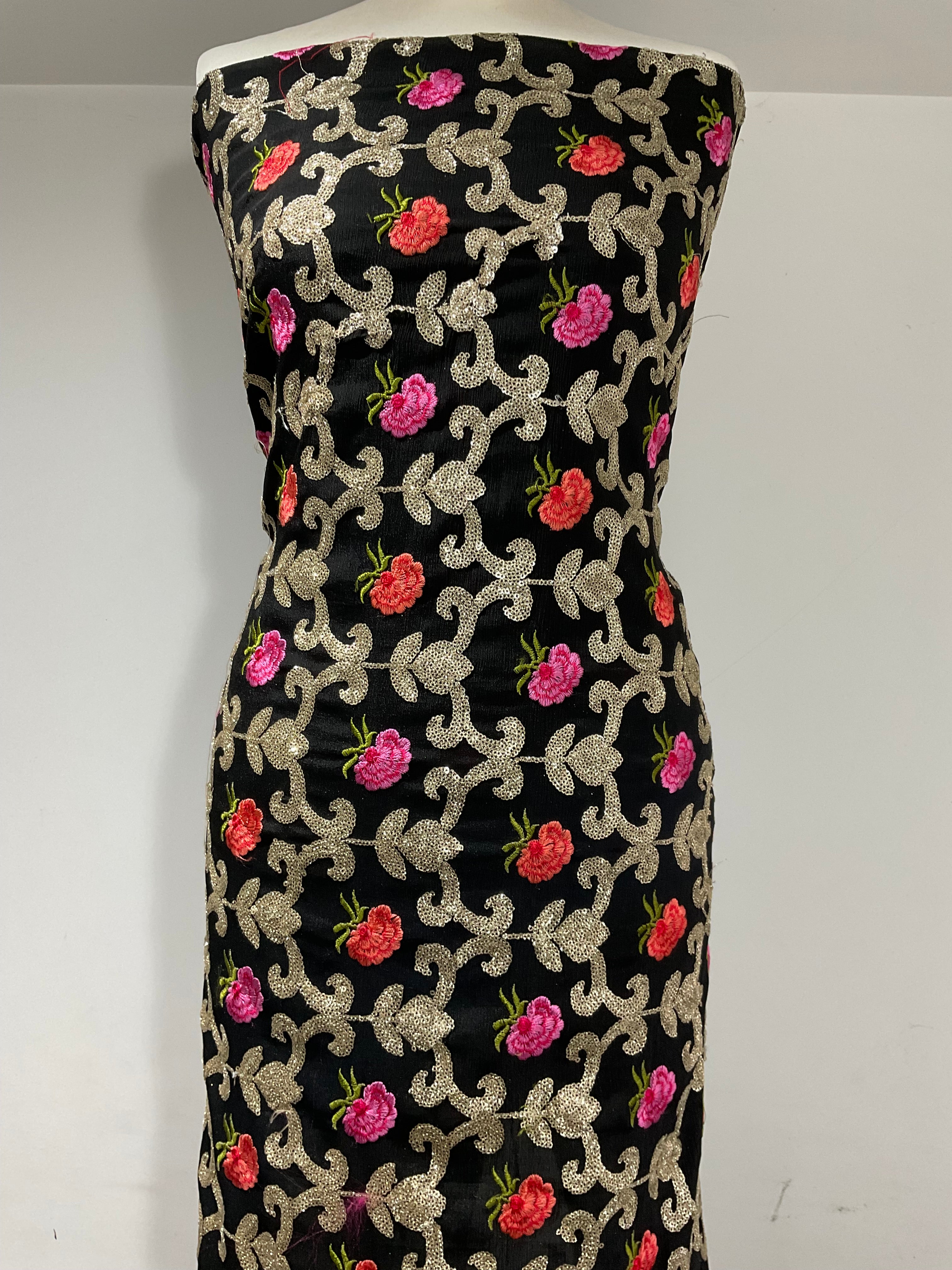 Black Embroidered sequin floral Gold Chiffon Dress Fabric 100cm Wide M1966