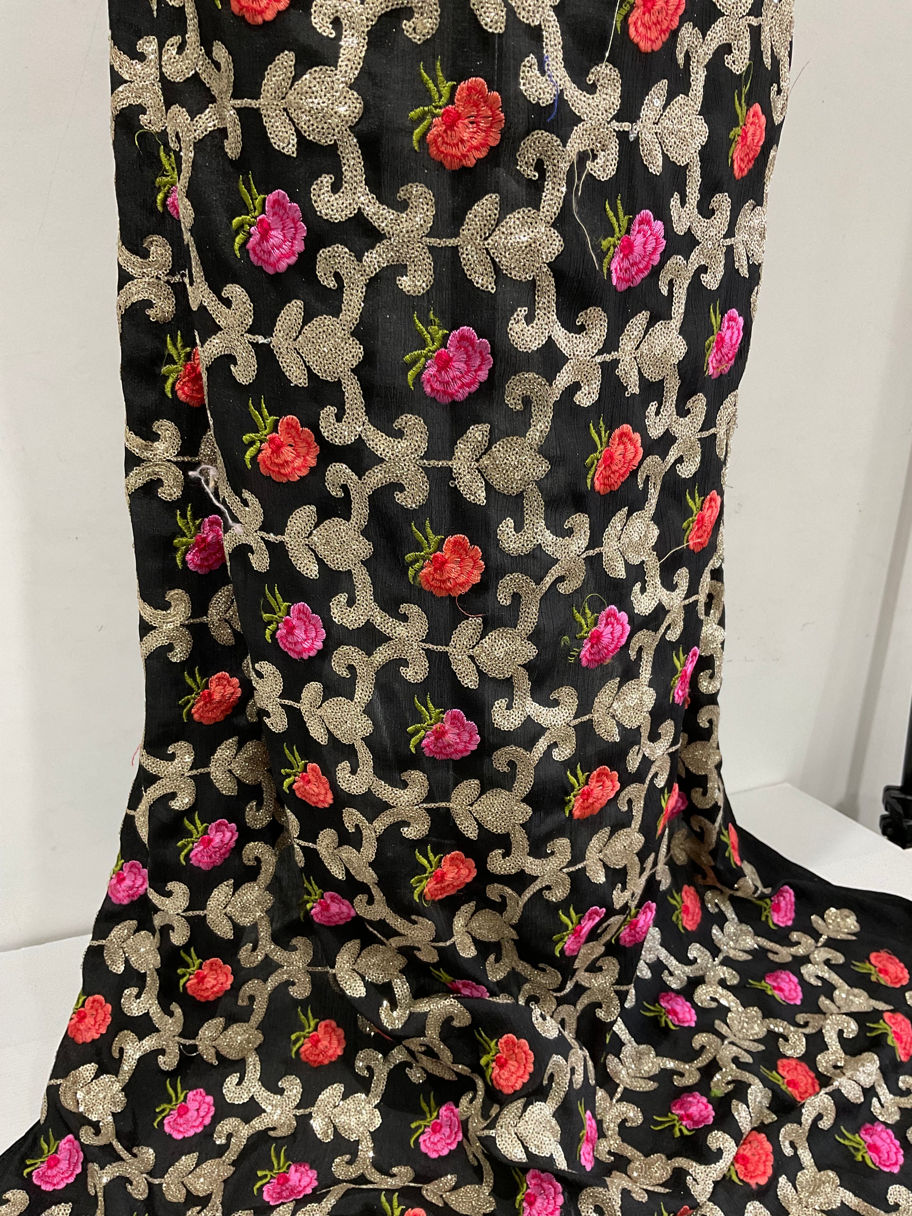 Black Embroidered sequin floral Gold Chiffon Dress Fabric 100cm Wide M1966