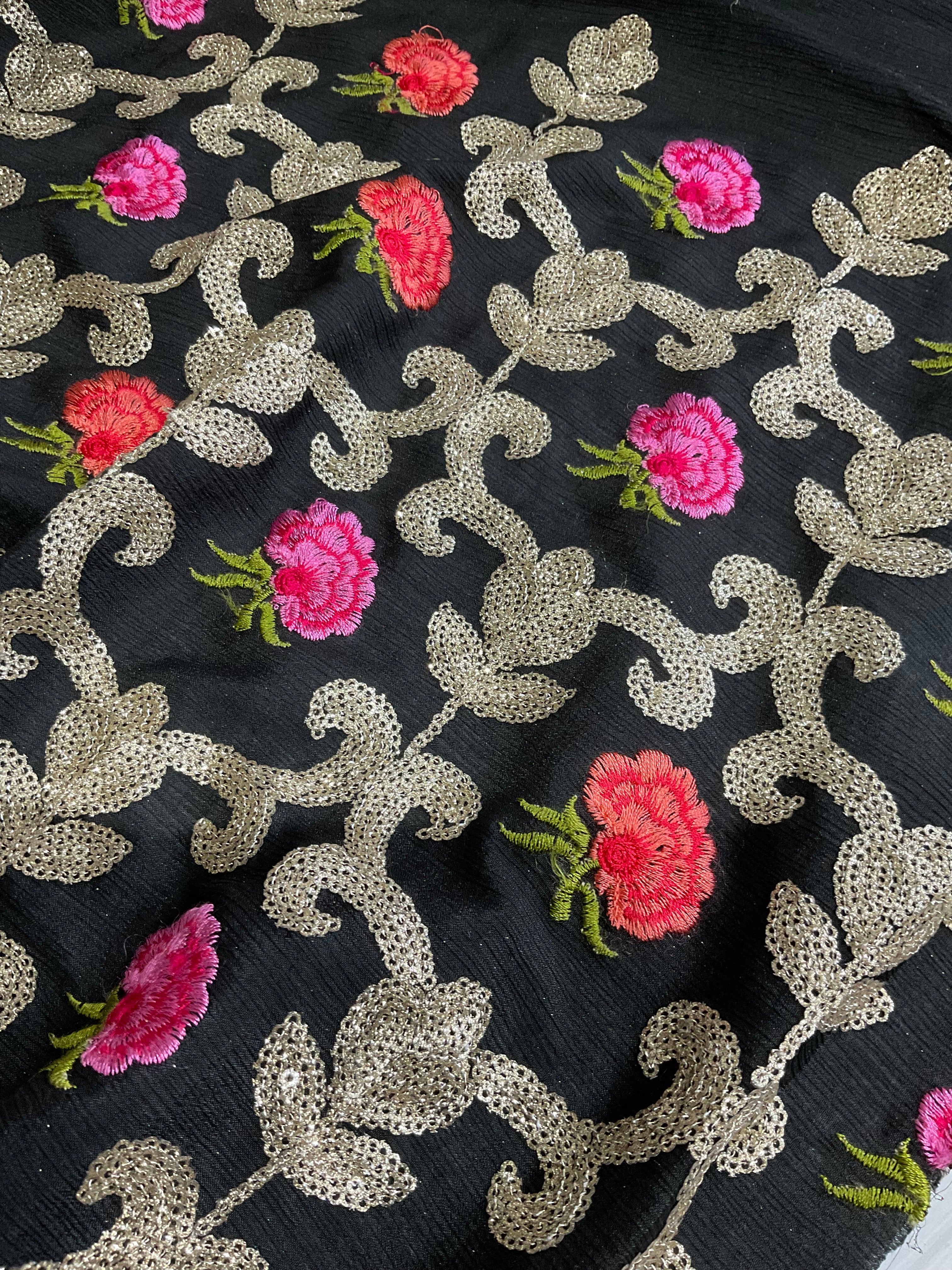 Black Embroidered sequin floral Gold Chiffon Dress Fabric 100cm Wide M1966