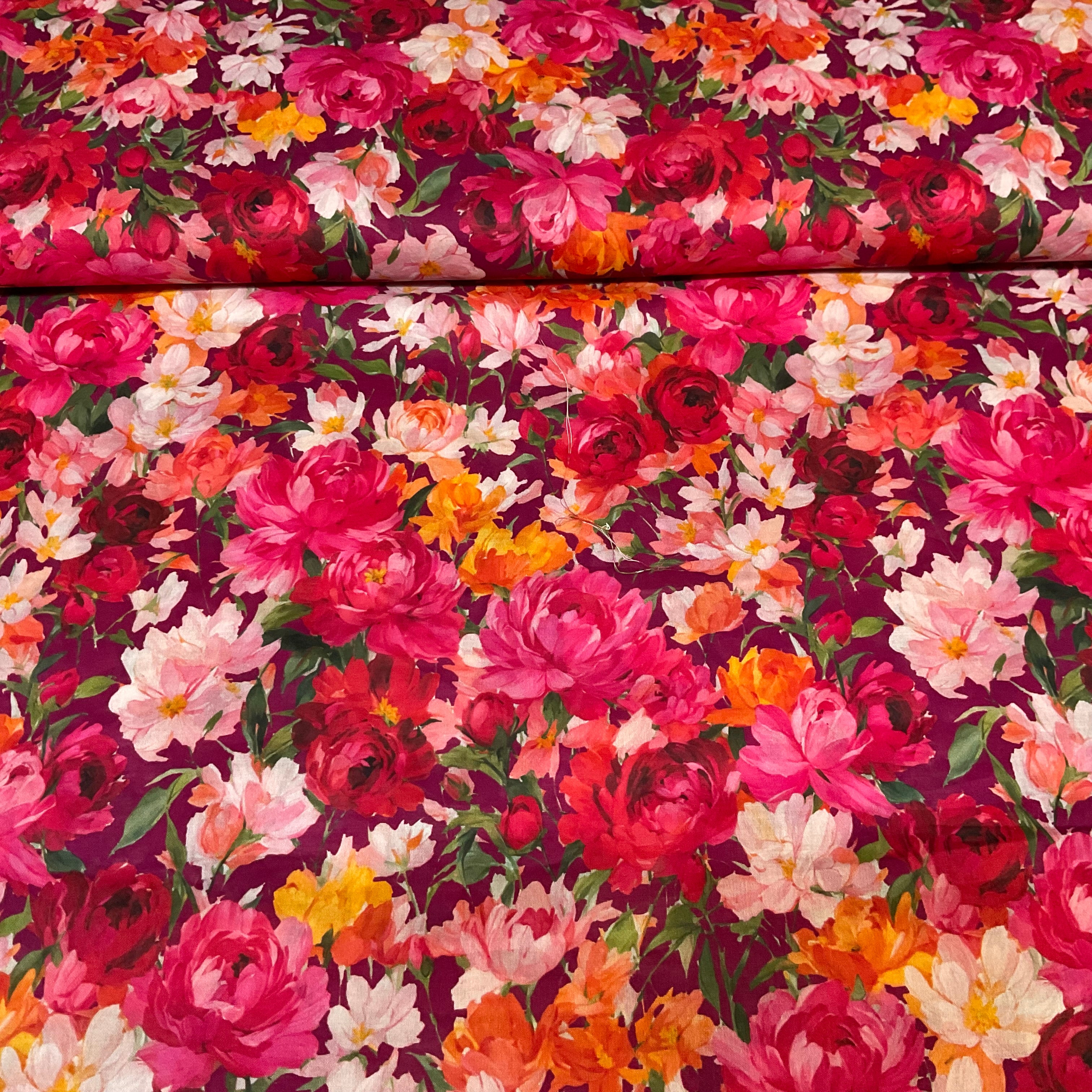 Burgundy Cotton Voile Floral Fabric – 147cm Wide M2115