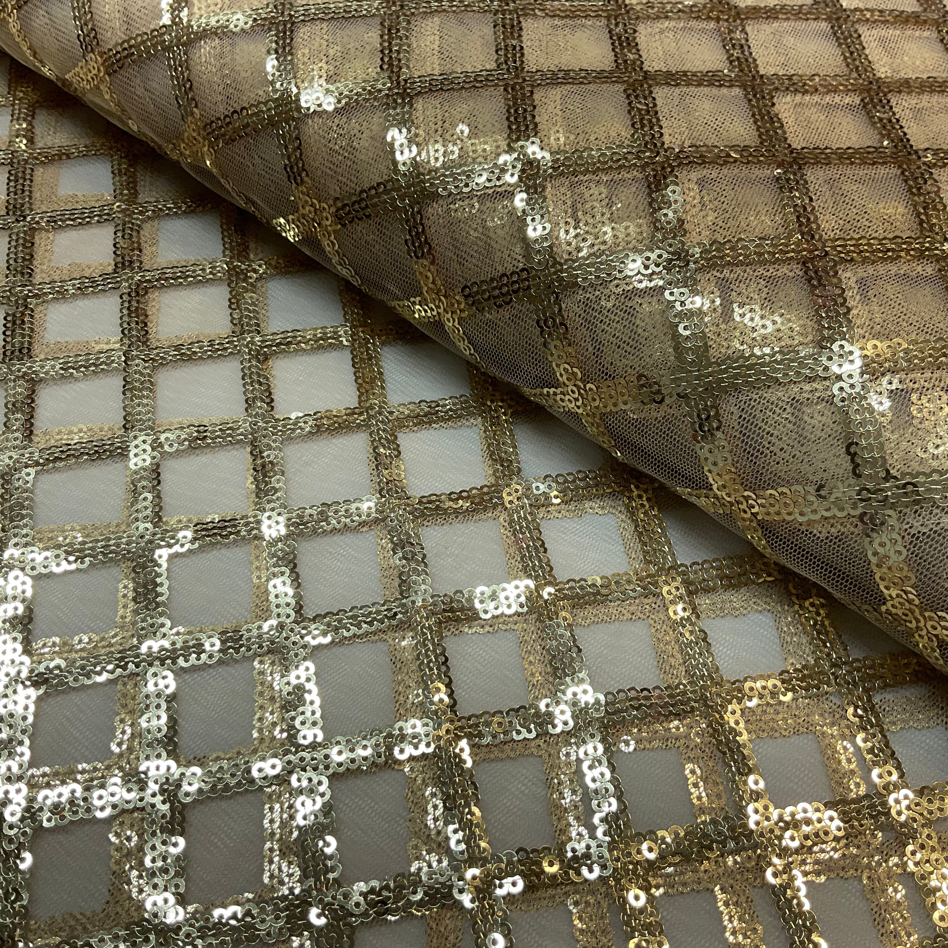 Sequin Diamond Geometric Stretch Fabric – 130cm Wide Gold, Green & Maroon M2137
