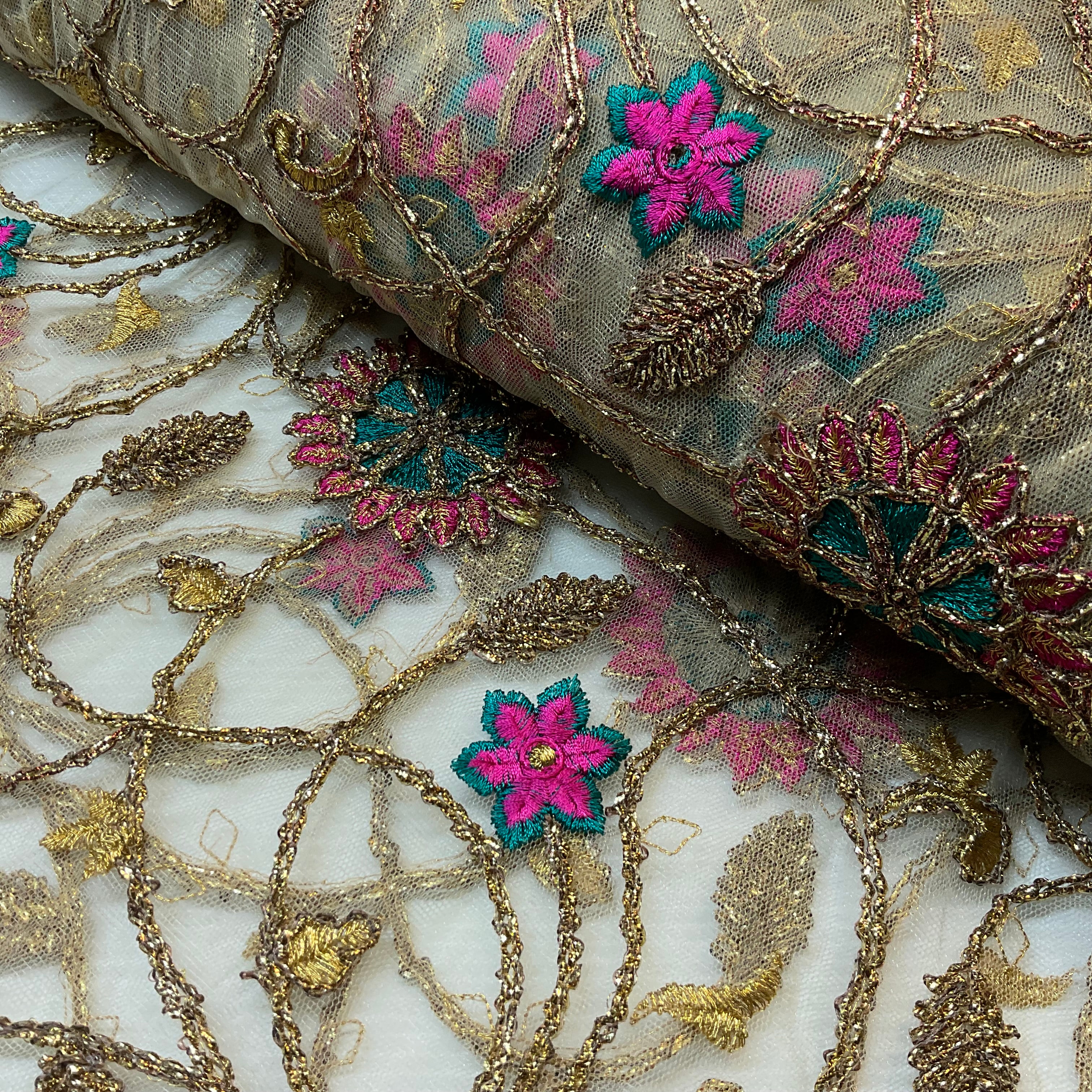 Gold Thread Ornate Embroidery Fabric Luxury Embroidered Mesh Lace 100cm Wide M2138