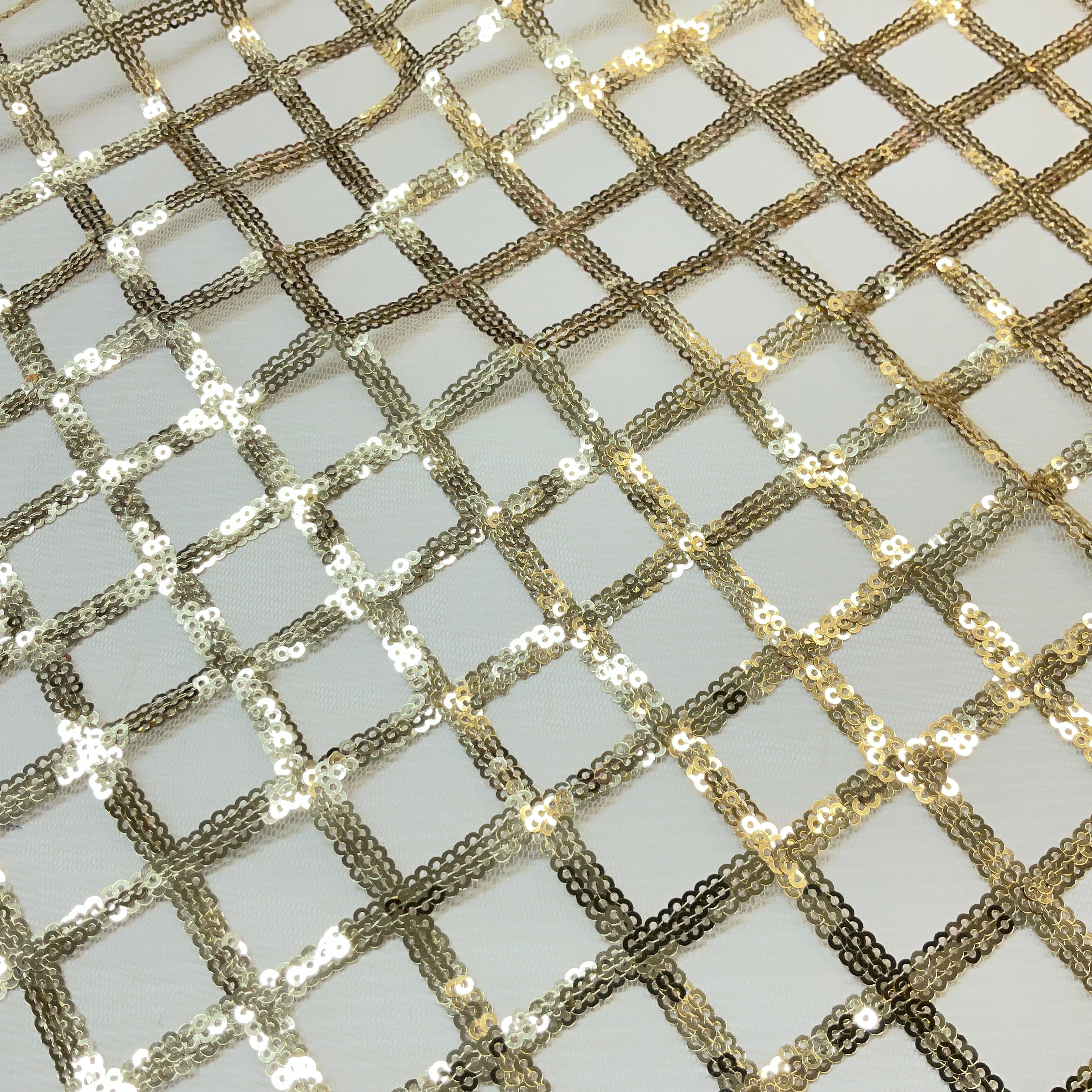 Sequin Diamond Geometric Stretch Fabric – 130cm Wide Gold, Green & Maroon M2137