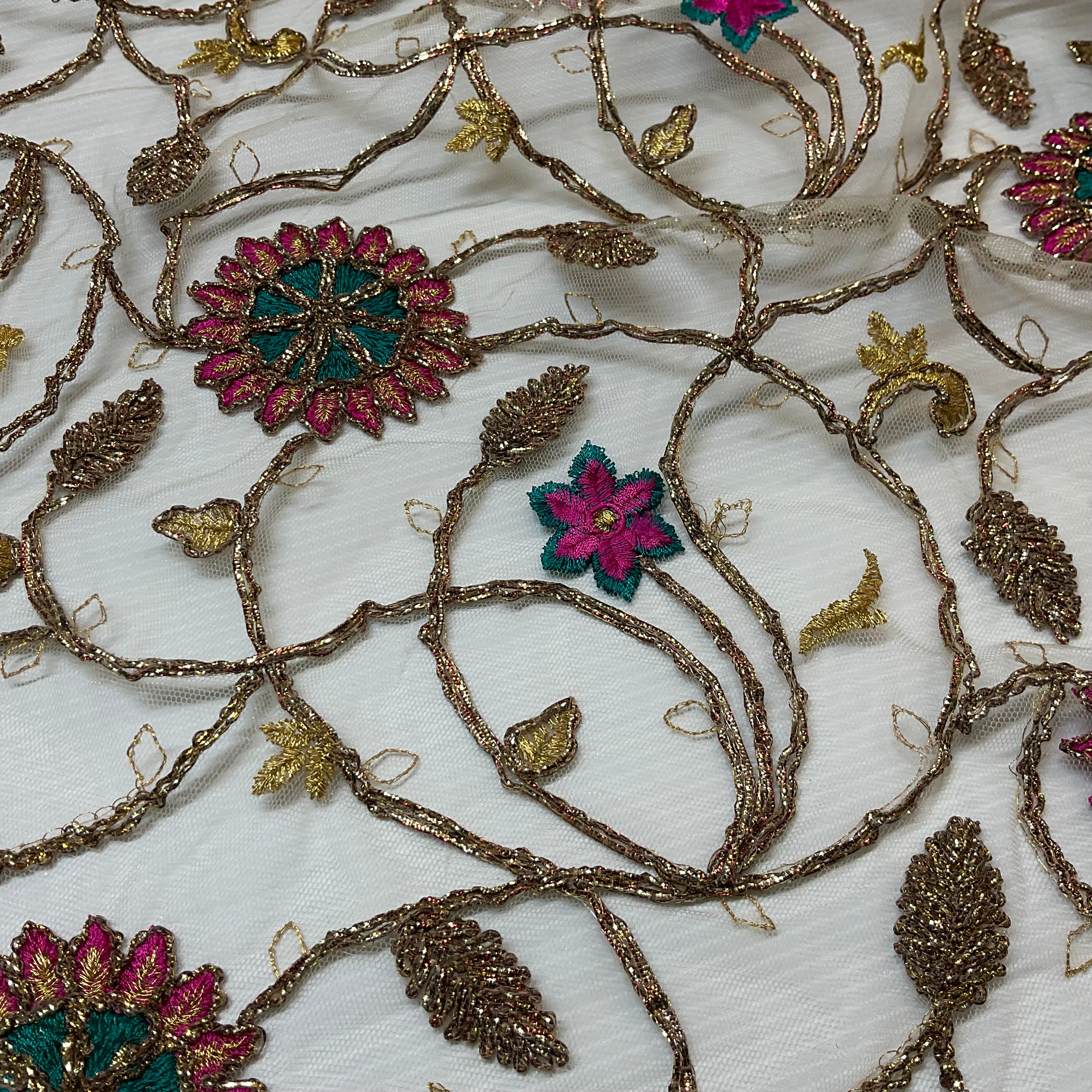 Gold Thread Ornate Embroidery Fabric Luxury Embroidered Mesh Lace 100cm Wide M2138
