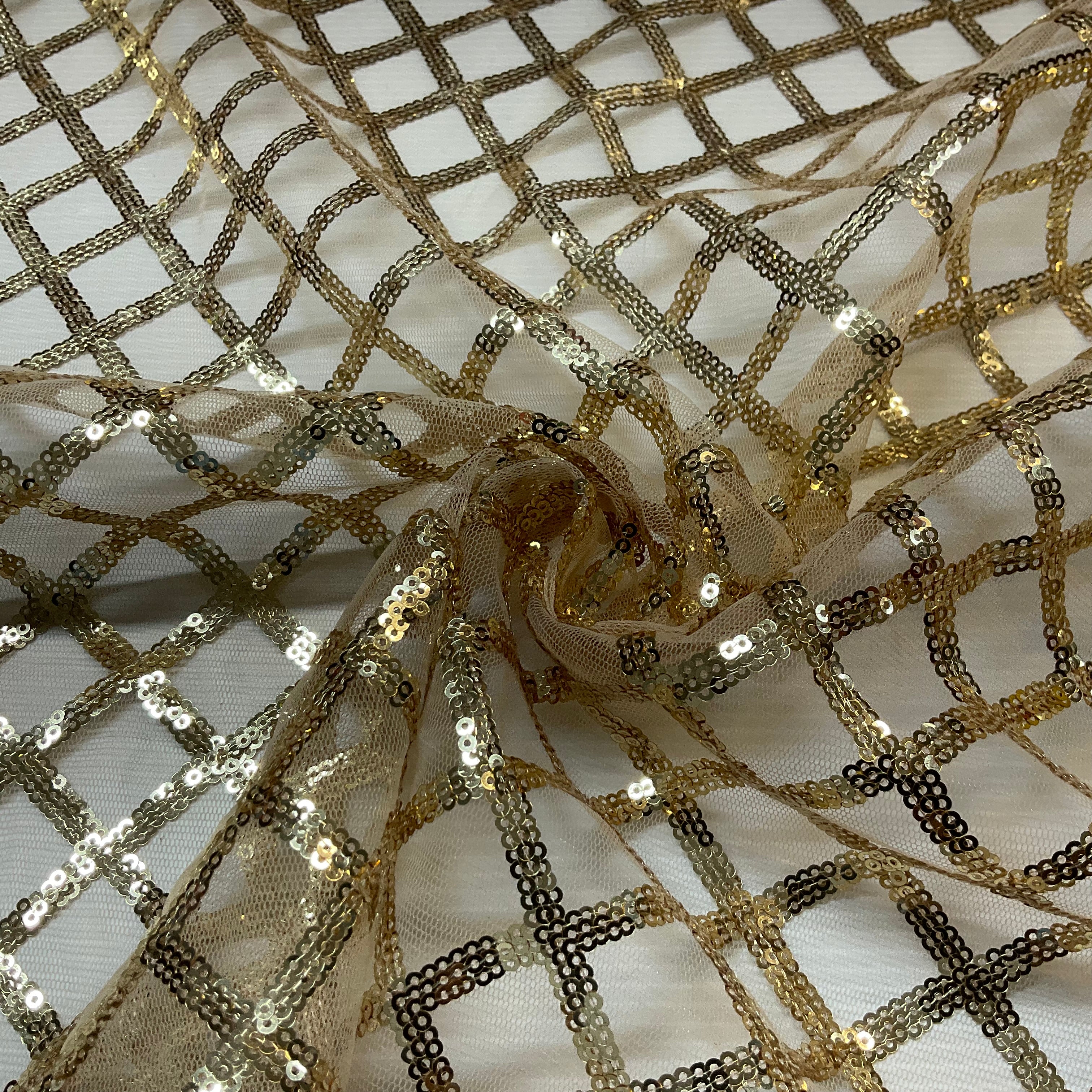Sequin Diamond Geometric Stretch Fabric – 130cm Wide Gold, Green & Maroon M2137