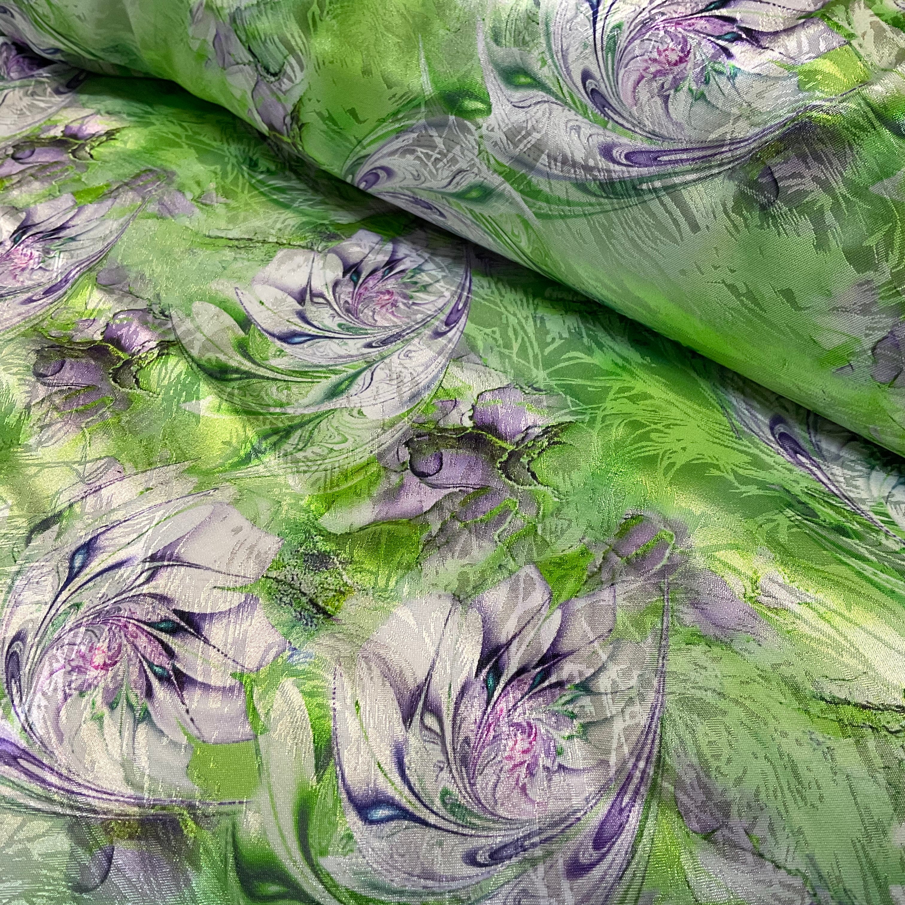 Green lime marble swirl floral abstract silky satin jacquard soft spandex dress fabric M2061-1