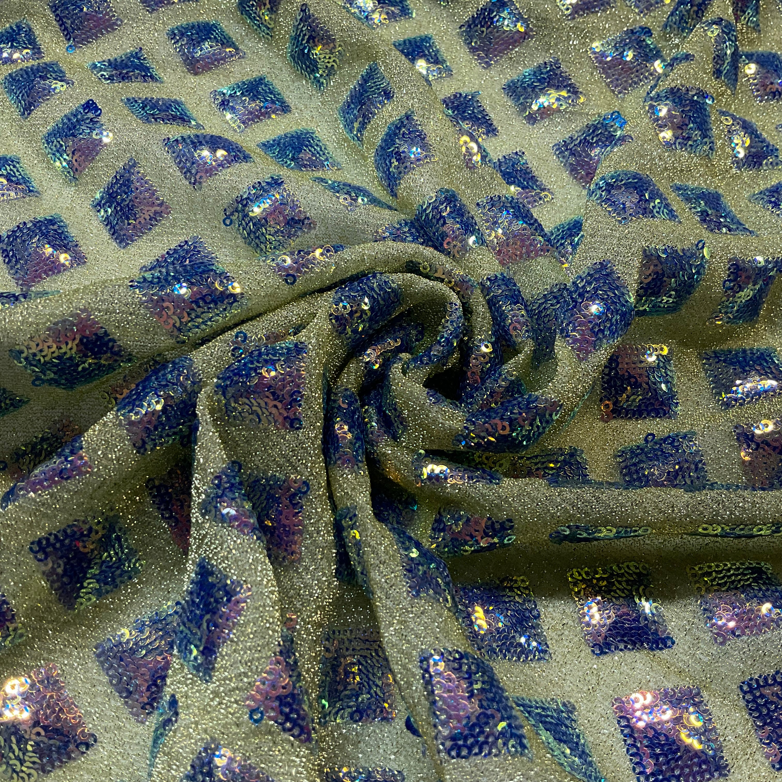 Light Gold Stretch Jersey Lurex Mesh Fabric with Iridescent Sequin Squares – 140cm Wide M2141