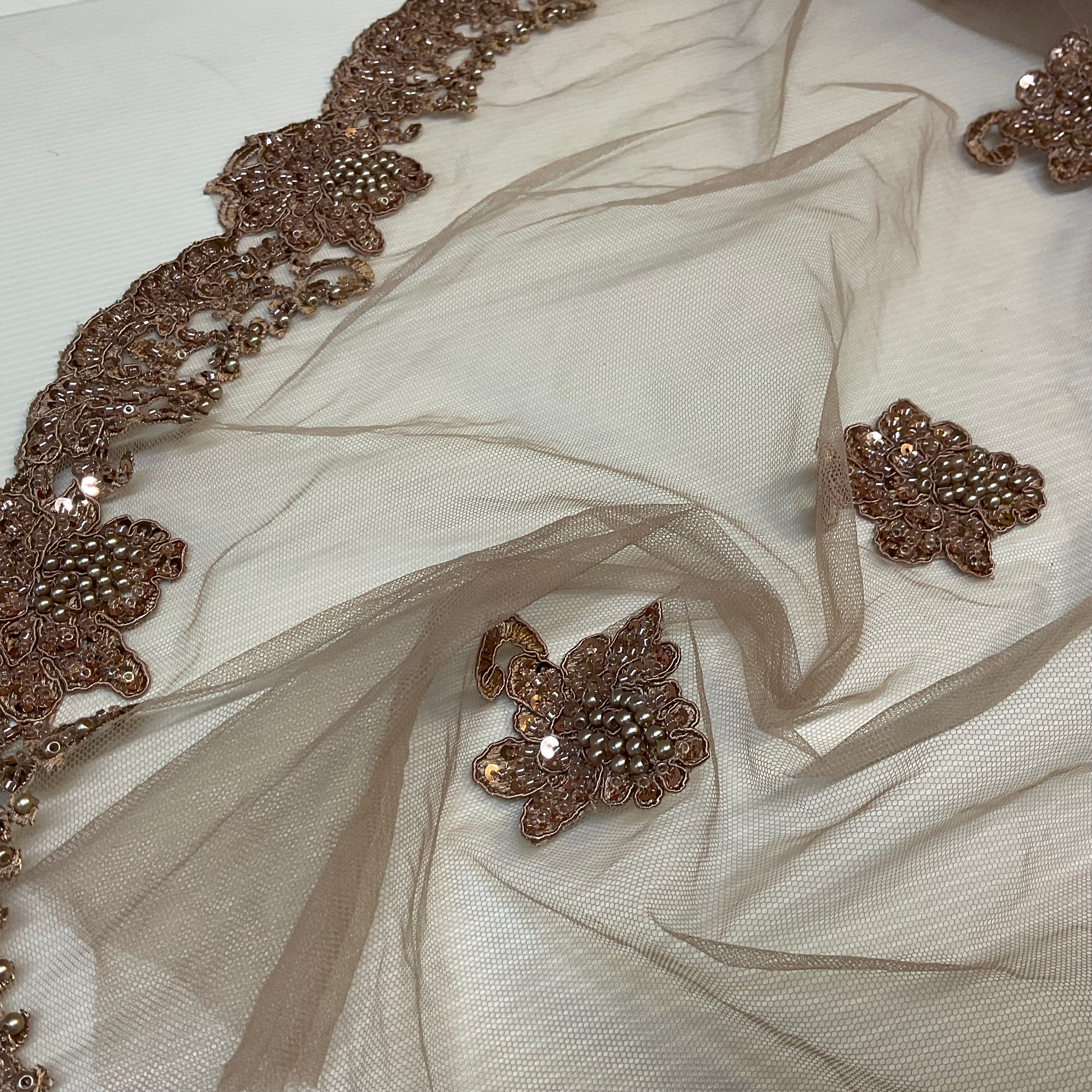 Mink Beaded Embroidered Mesh Lace Fabric – 99cm Wide – Bridal & Occasionwear – £15.00 per metre