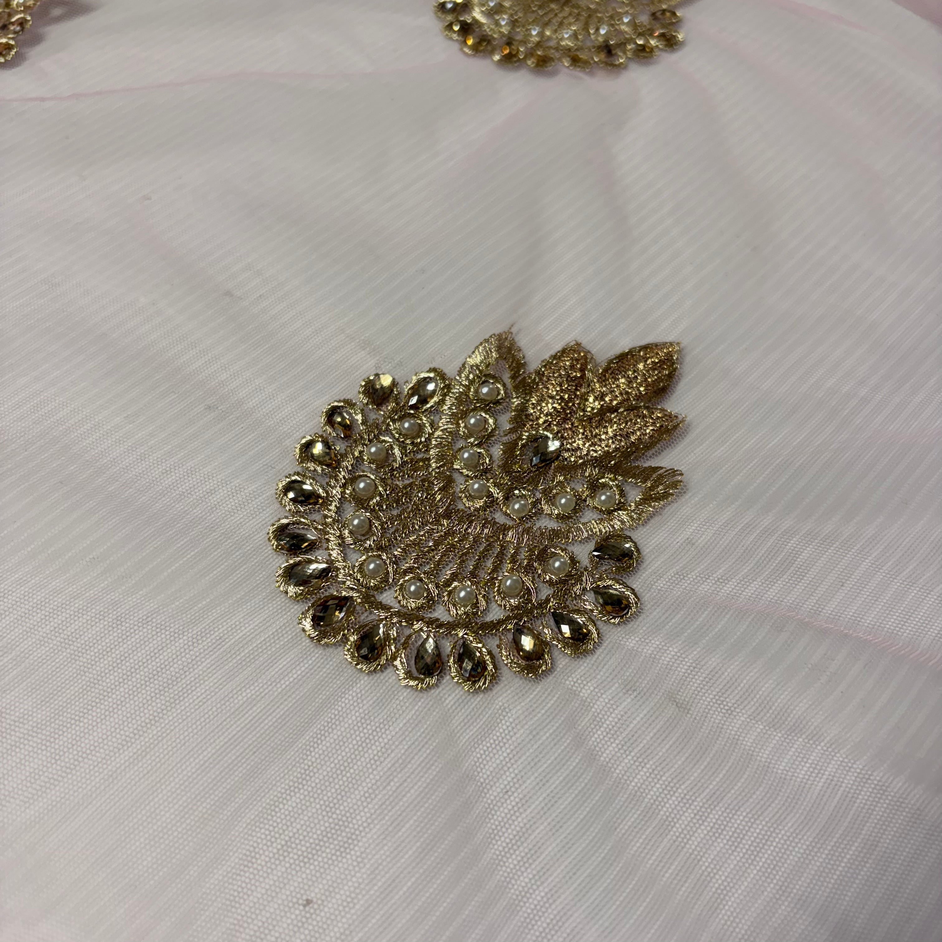 Pink Ornamental Embroidered Net Fabric with Gold Thread – 100cm Wide M2139