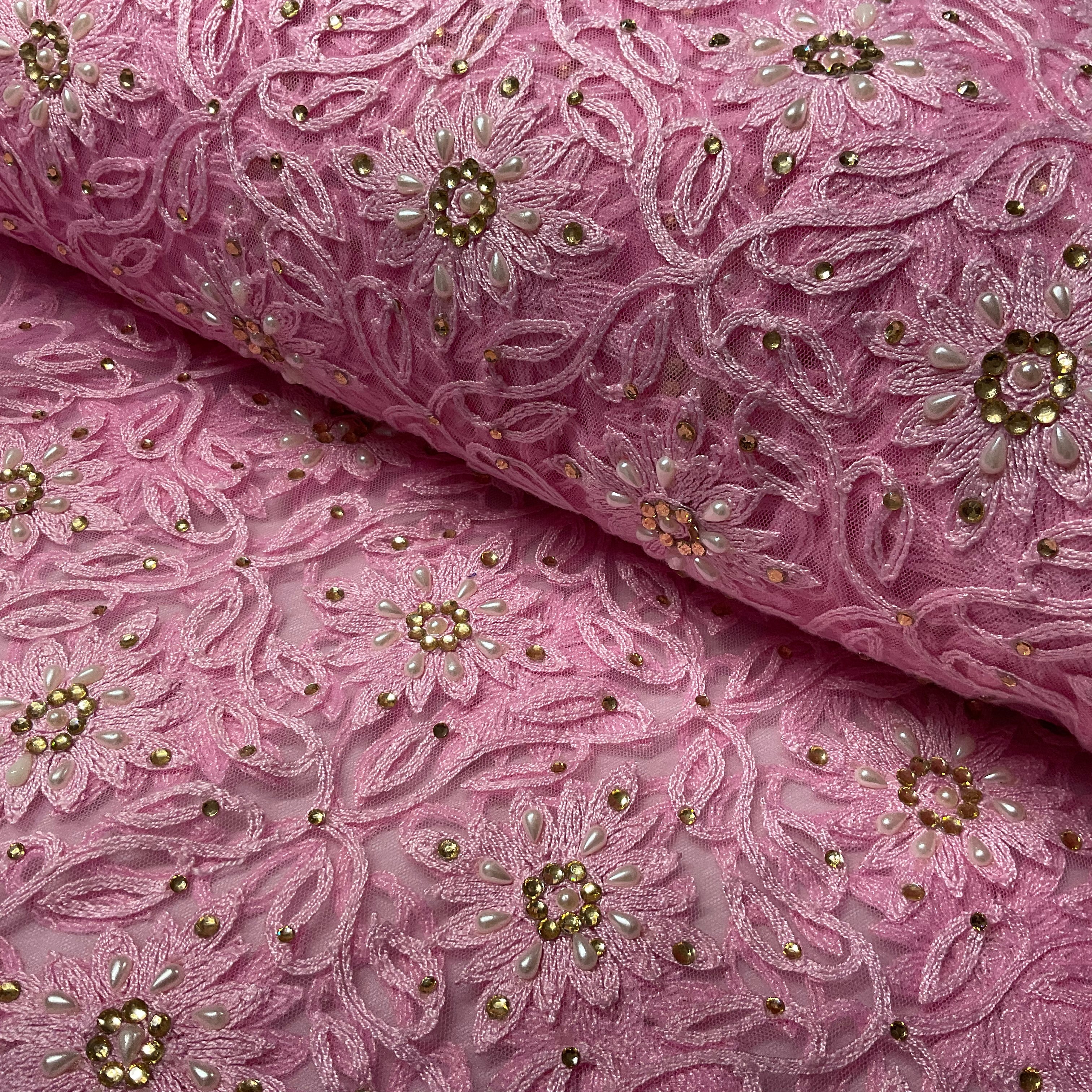 Floral Net Thread Embroidery Fabric 100cm Wide Pearl & Rhinestone Mesh Lace M2136