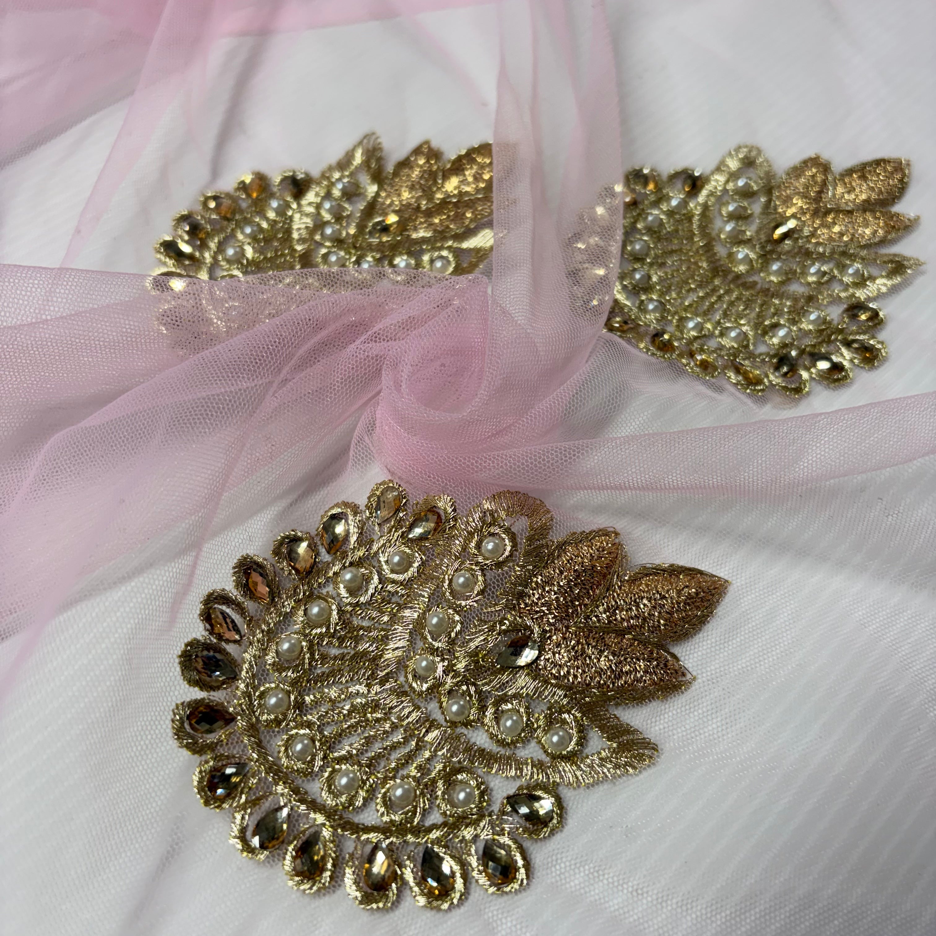Pink Ornamental Embroidered Net Fabric with Gold Thread – 100cm Wide M2139