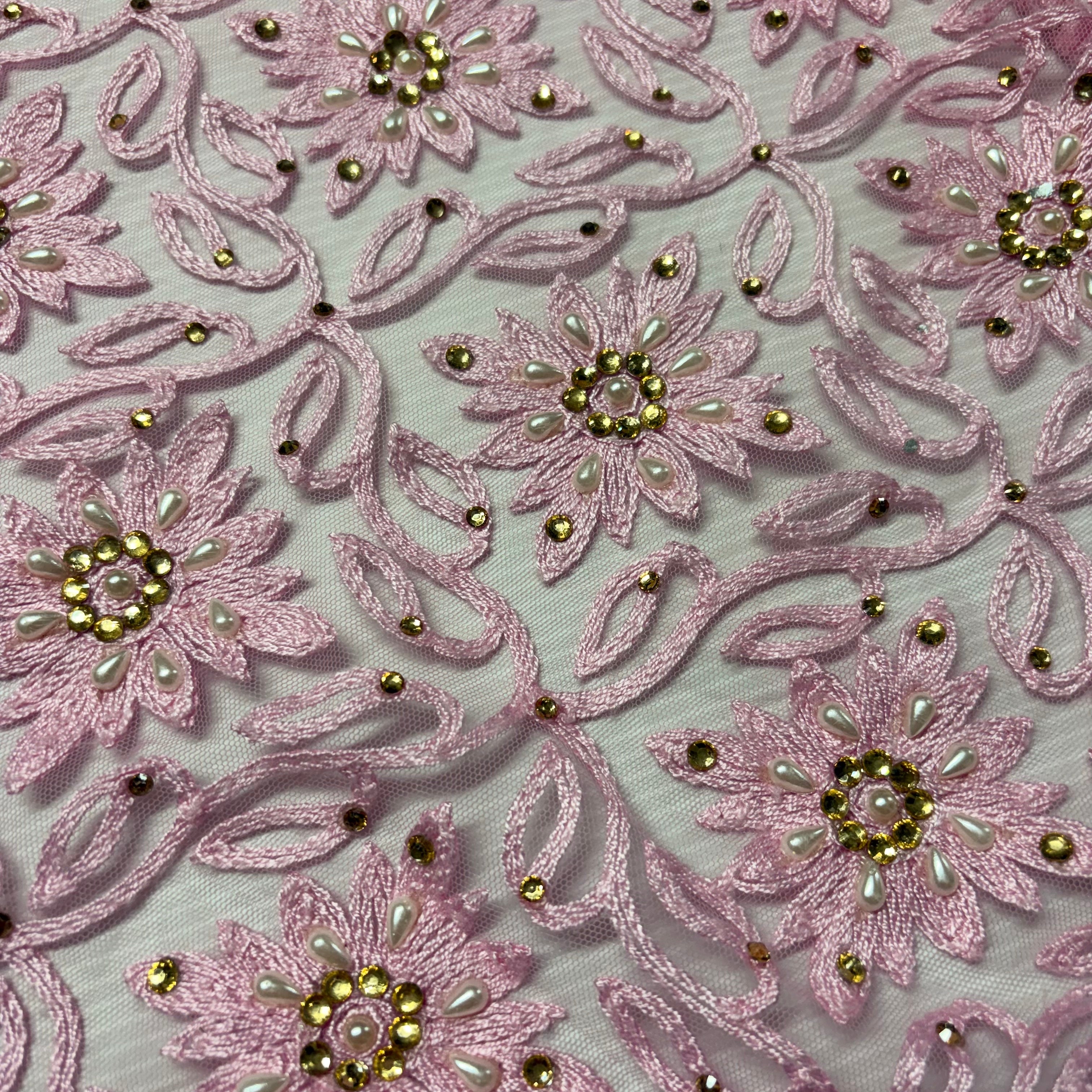 Floral Net Thread Embroidery Fabric 100cm Wide Pearl & Rhinestone Mesh Lace M2136