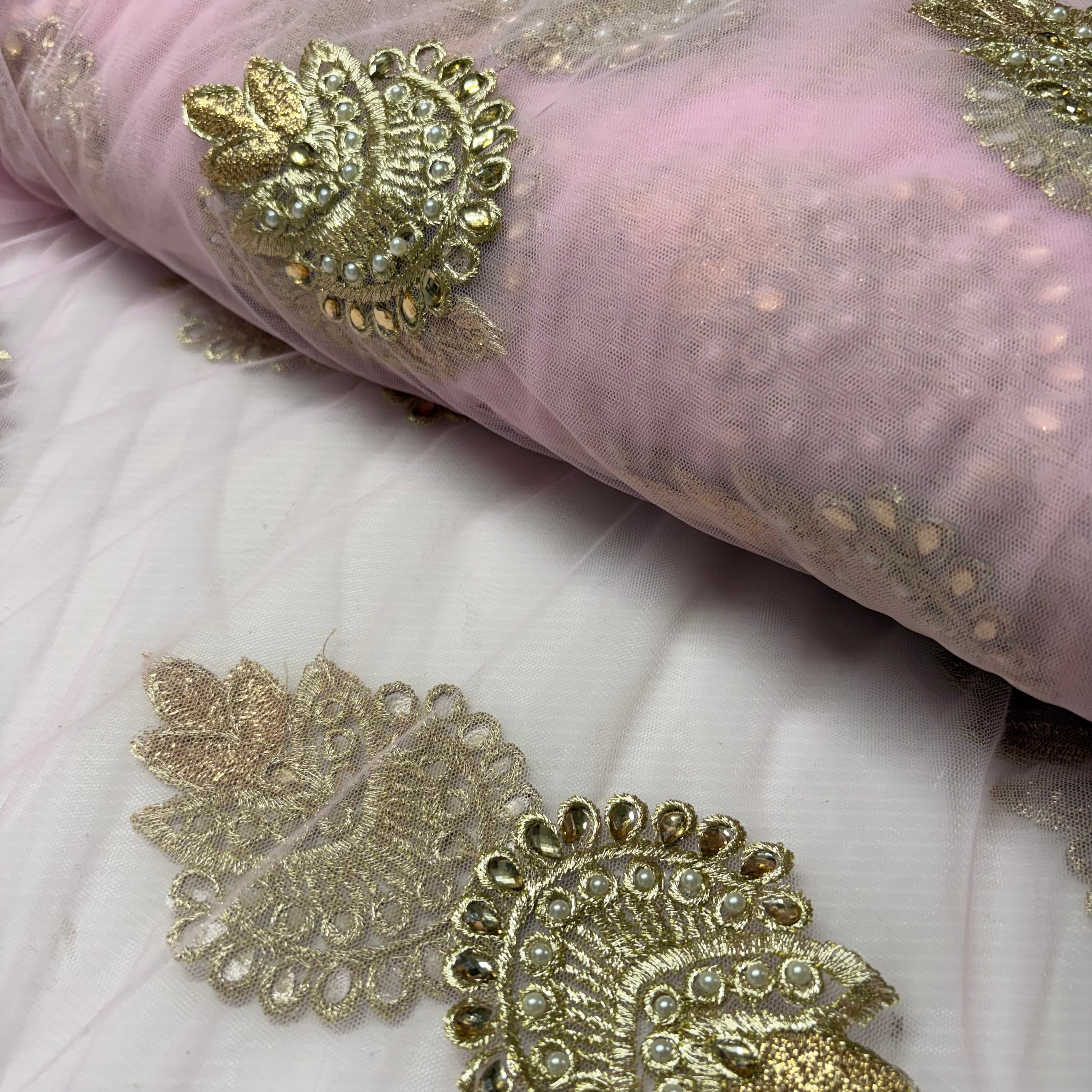 Pink Ornamental Embroidered Net Fabric with Gold Thread – 100cm Wide M2139