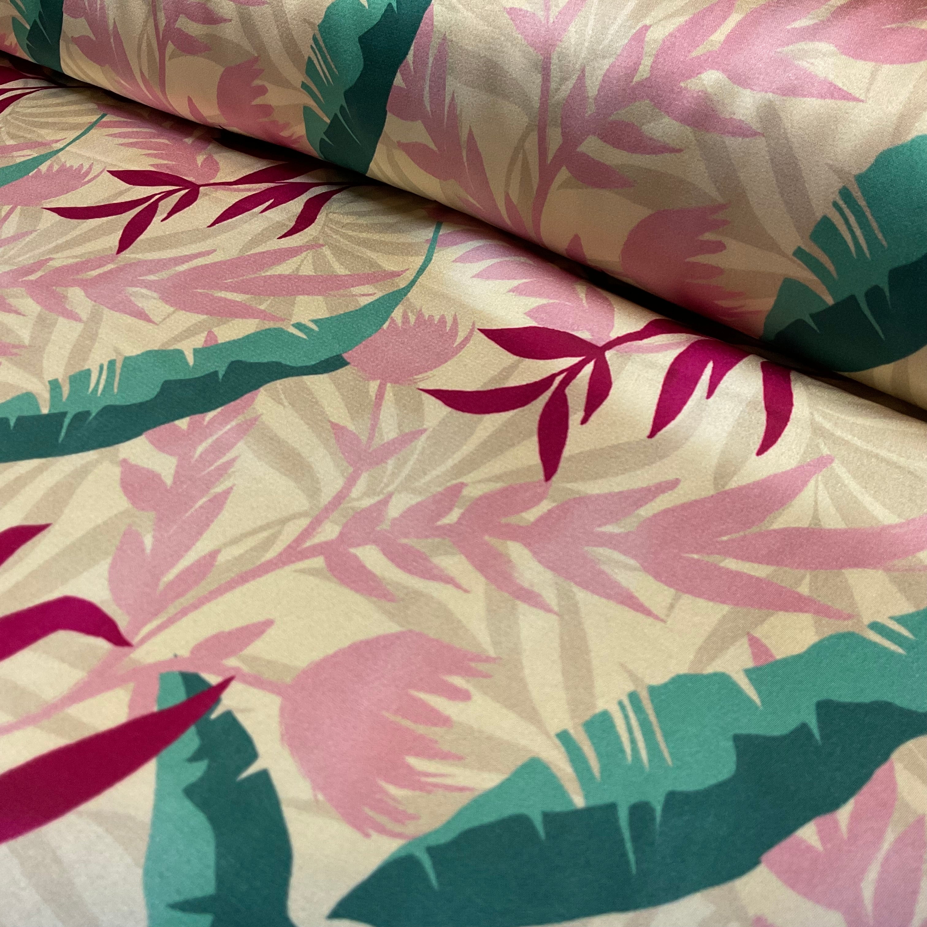 Pink Teal Large floral tropical leaves silky satin soft spandex dress fabric M2053-1
