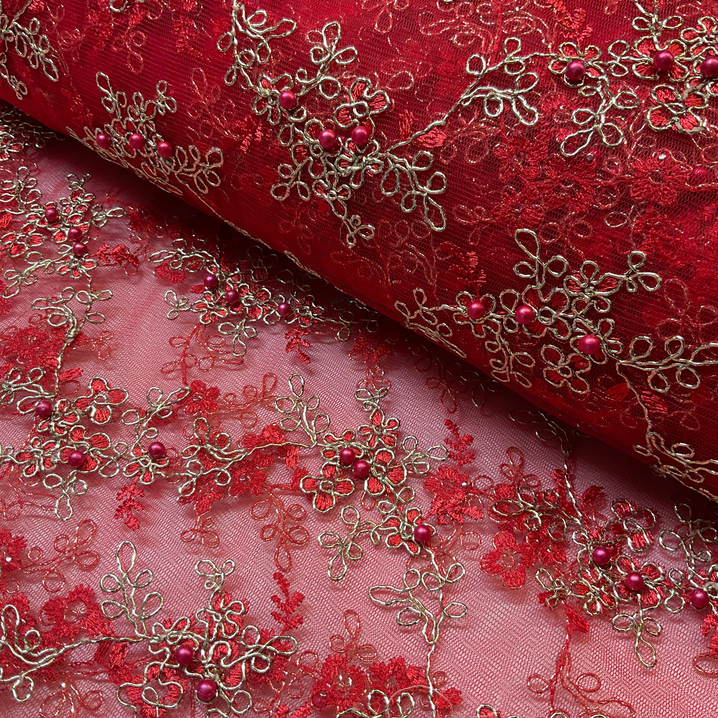 Red & Gold Corded Beaded Lace scalloped edge Fabric 100cm Wide M2140