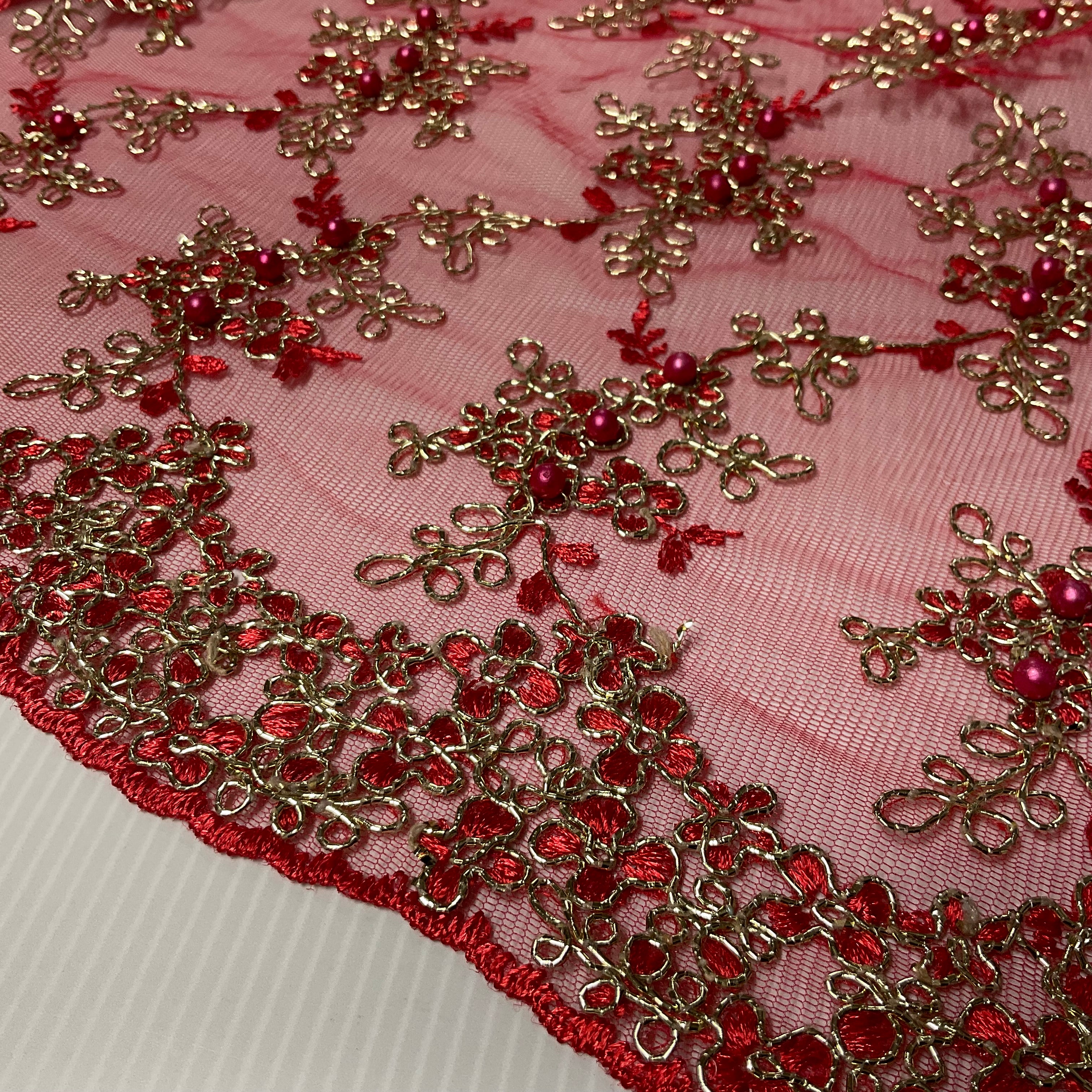 Red & Gold Corded Beaded Lace scalloped edge Fabric 100cm Wide M2140