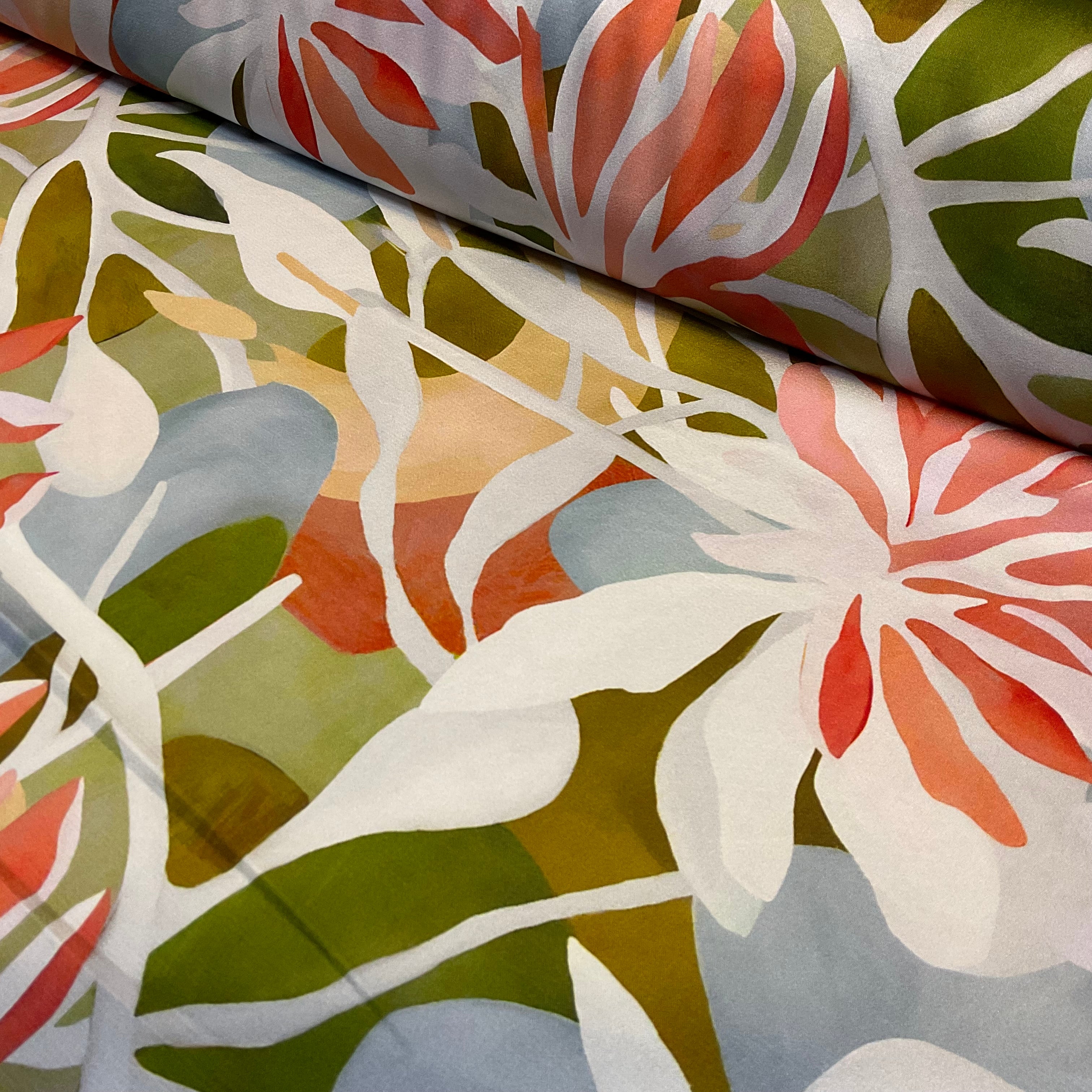 Coral Sage Tropical abstract satin spandex floral bloom dress fabric M2055
