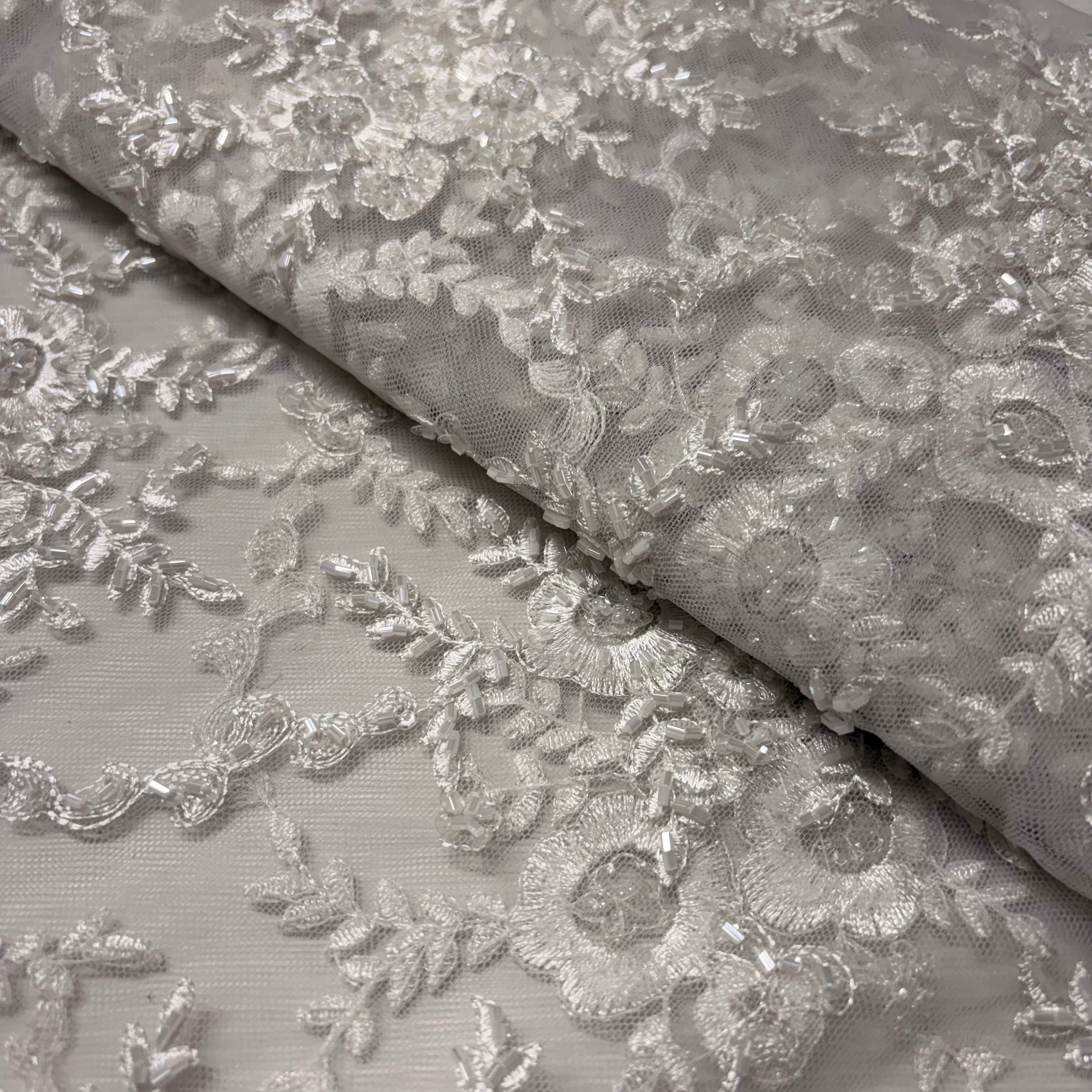 White Bridal Beaded Scalloped Tulle Dress Net Fabric 140cm Wide M2143