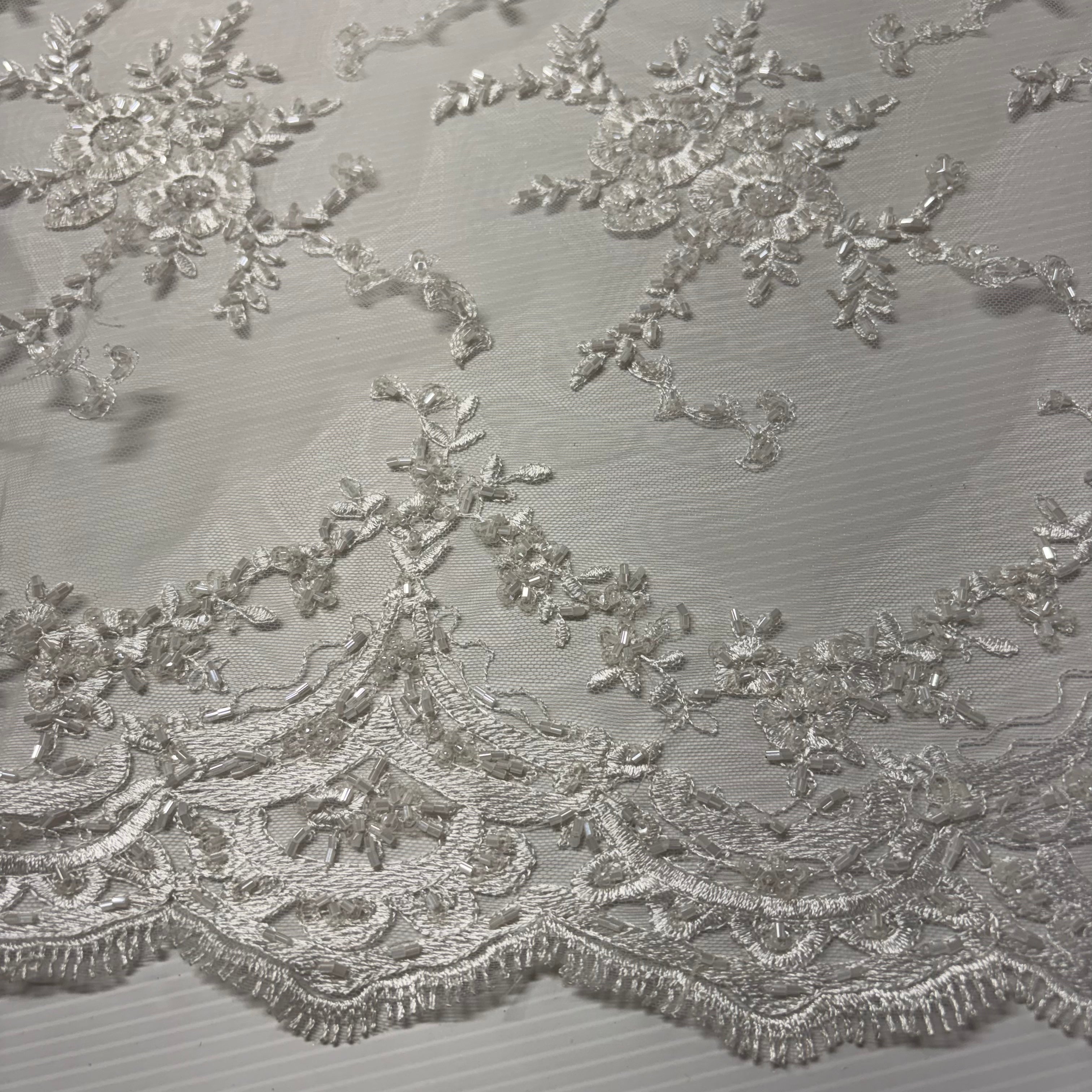 White Bridal Beaded Scalloped Tulle Dress Net Fabric 140cm Wide M2143