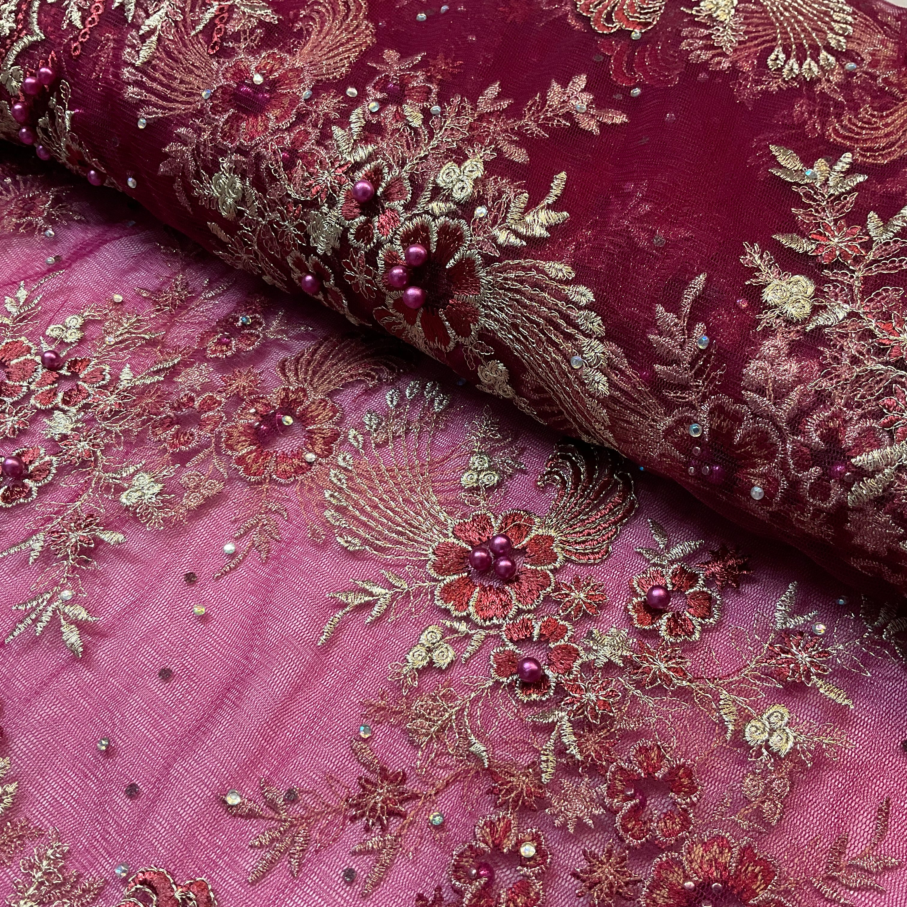 Wine Tulle Net Fabric with Scalloped Edge fabric 130cm Wide  M2145