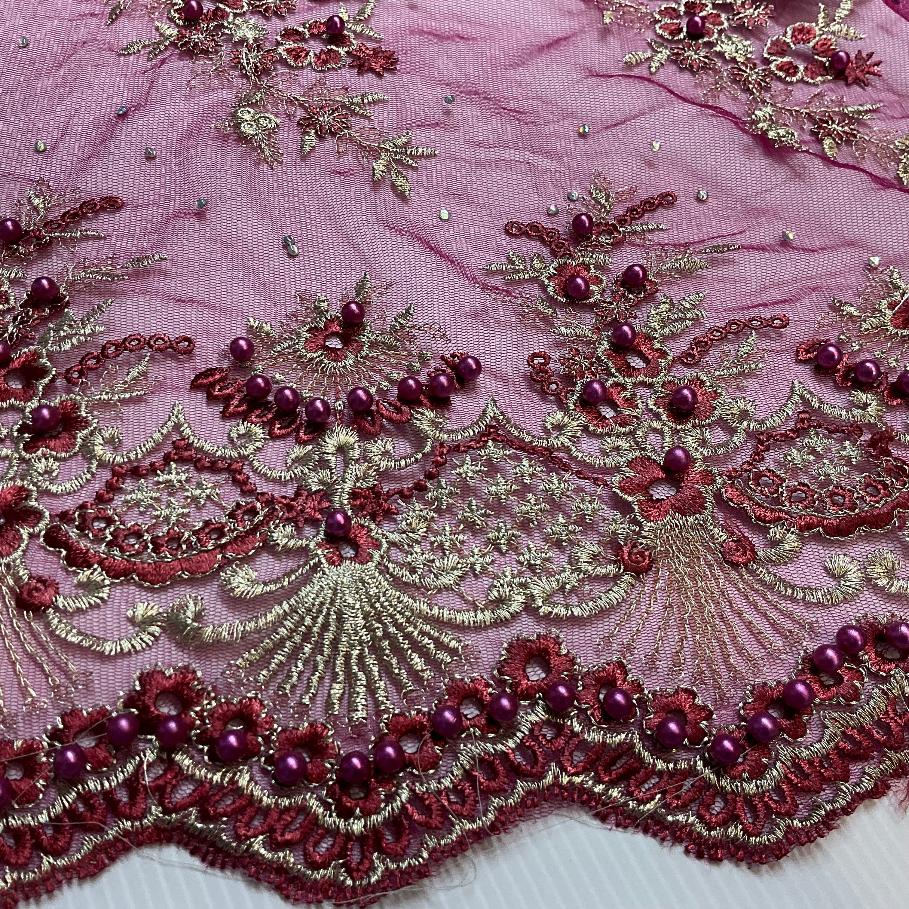 Wine Tulle Net Fabric with Scalloped Edge fabric 130cm Wide  M2145