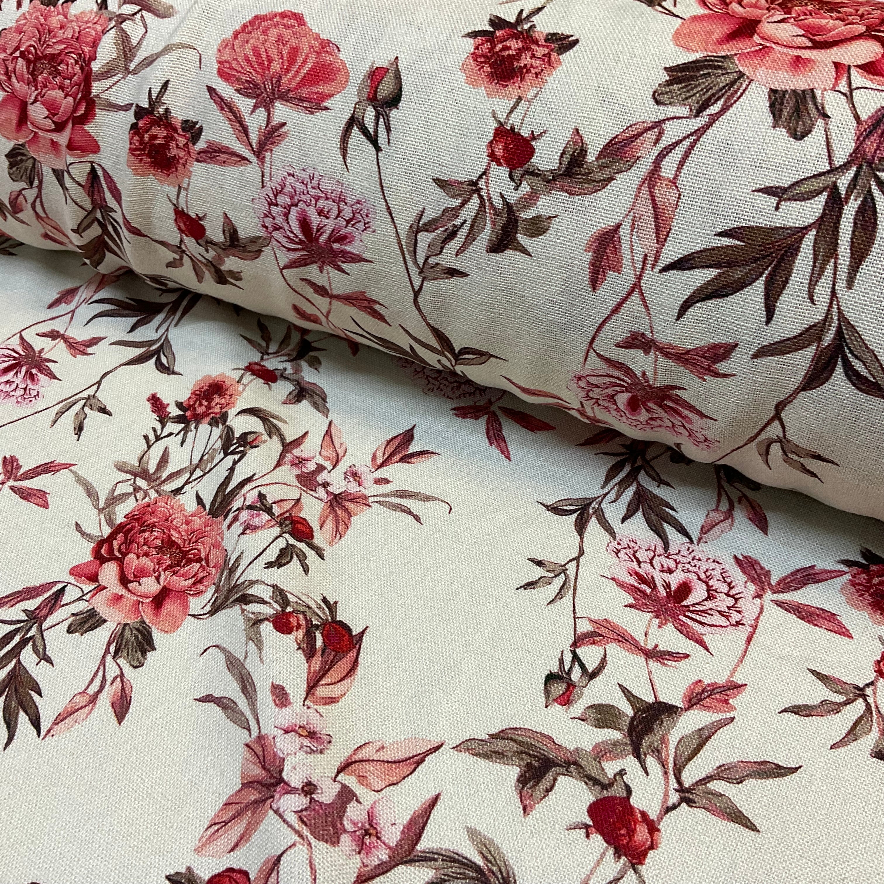 Floral Linen Viscose Cotton Digital Printed dress fabric soft natural blend 137cm wide M2044