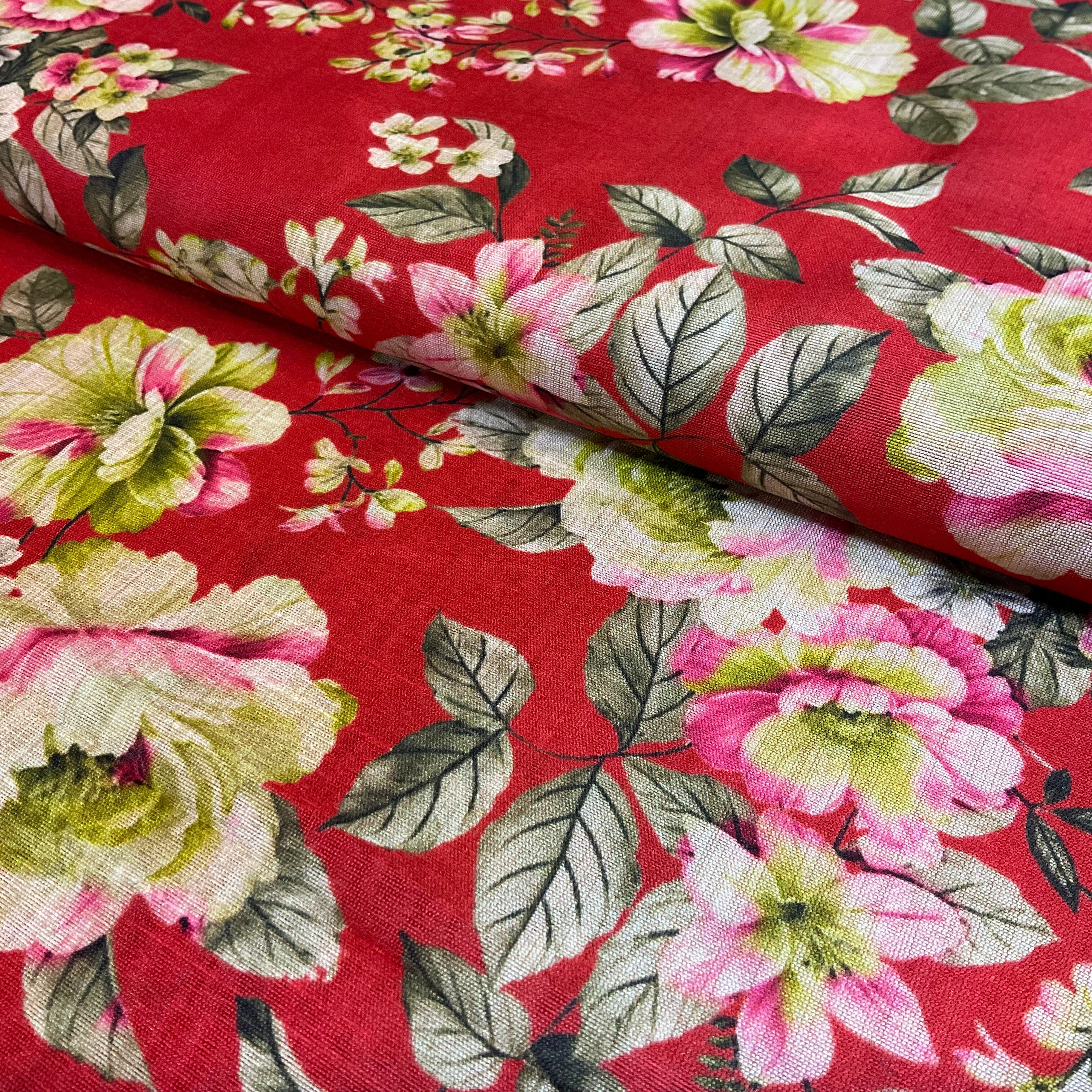 Red Floral Beautiful Mango Faux Silk Digital Print Fabric – Vibrant Floral Design 112cm Wide M2046-1