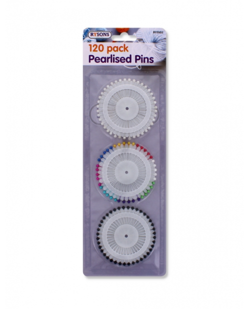 Pack of 120 pearlised pins with colored heads on a white background