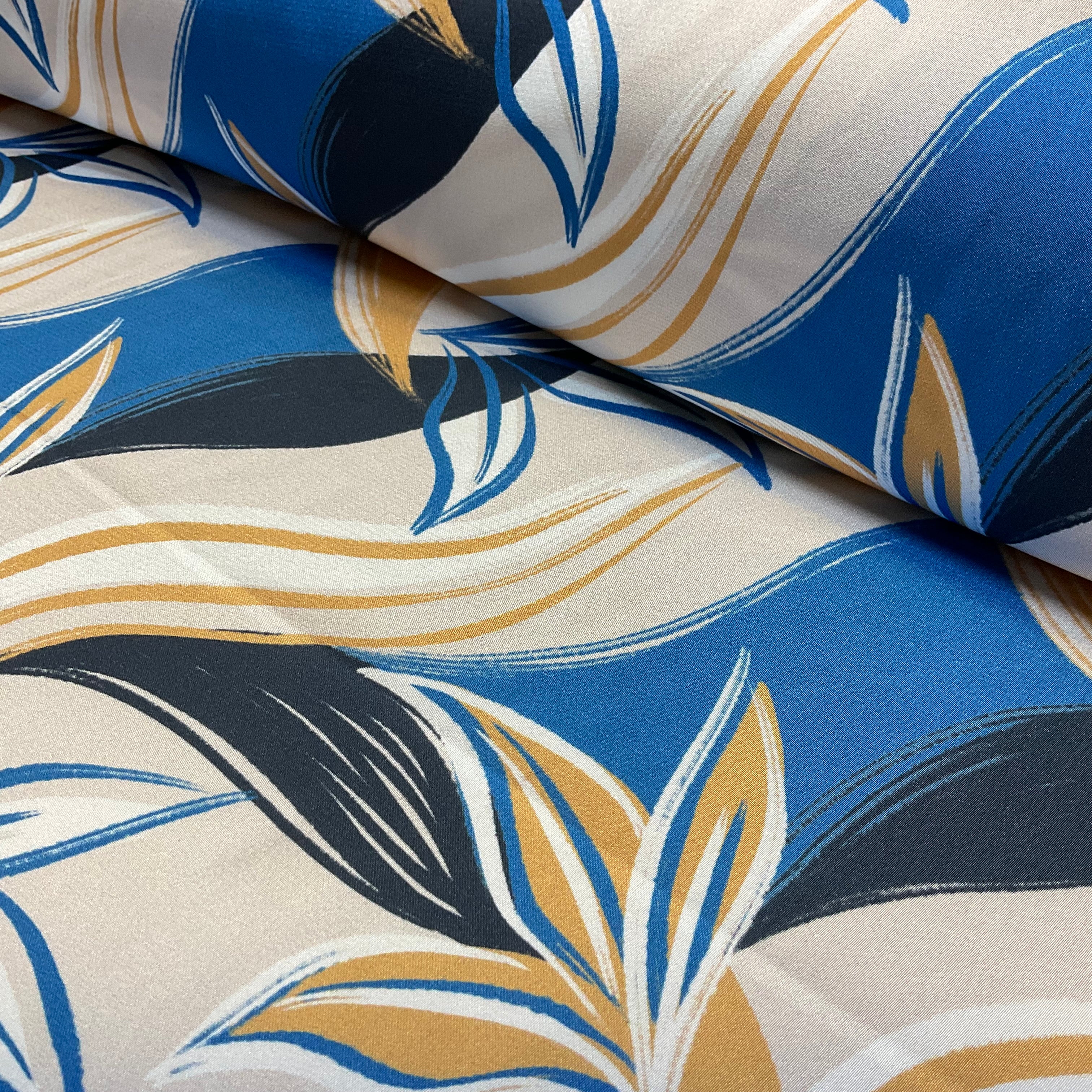 Caramel Blue artistic leaf brushstroke silky satin Jacquard soft spandex dress fabric M2057-1