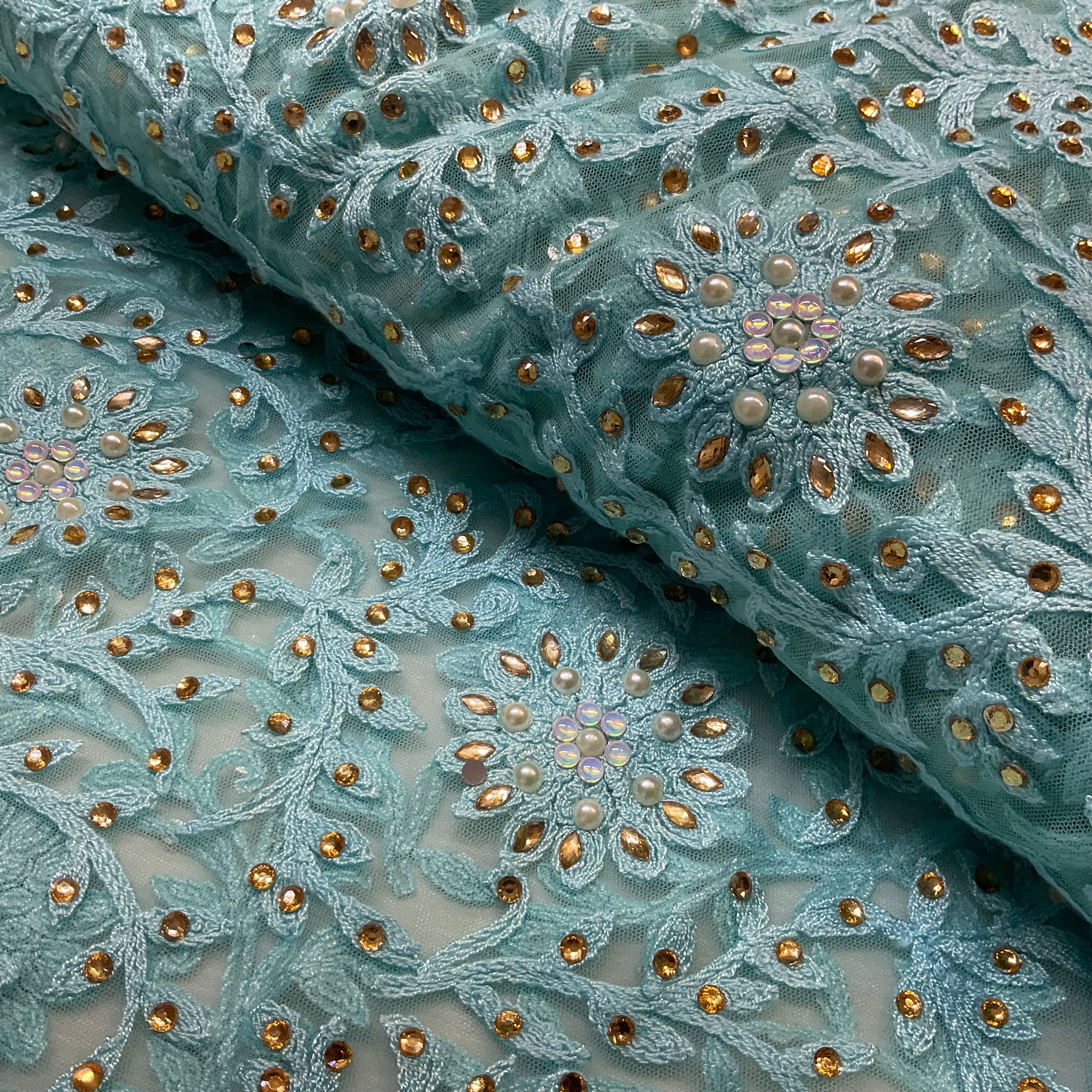 Floral Net Thread Embroidery Fabric 100cm Wide Pearl & Rhinestone Mesh Lace M2136