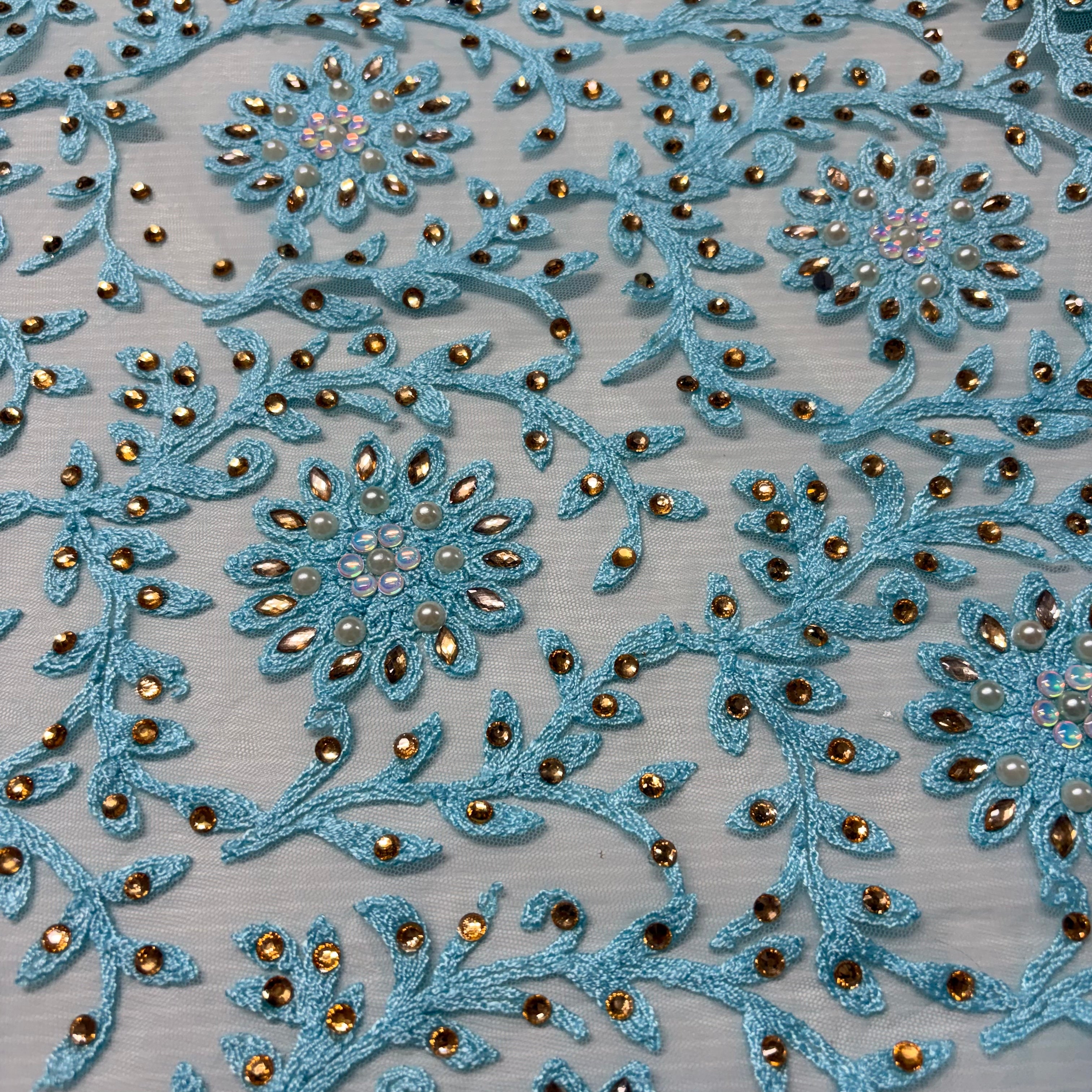 Floral Net Thread Embroidery Fabric 100cm Wide Pearl & Rhinestone Mesh Lace M2136