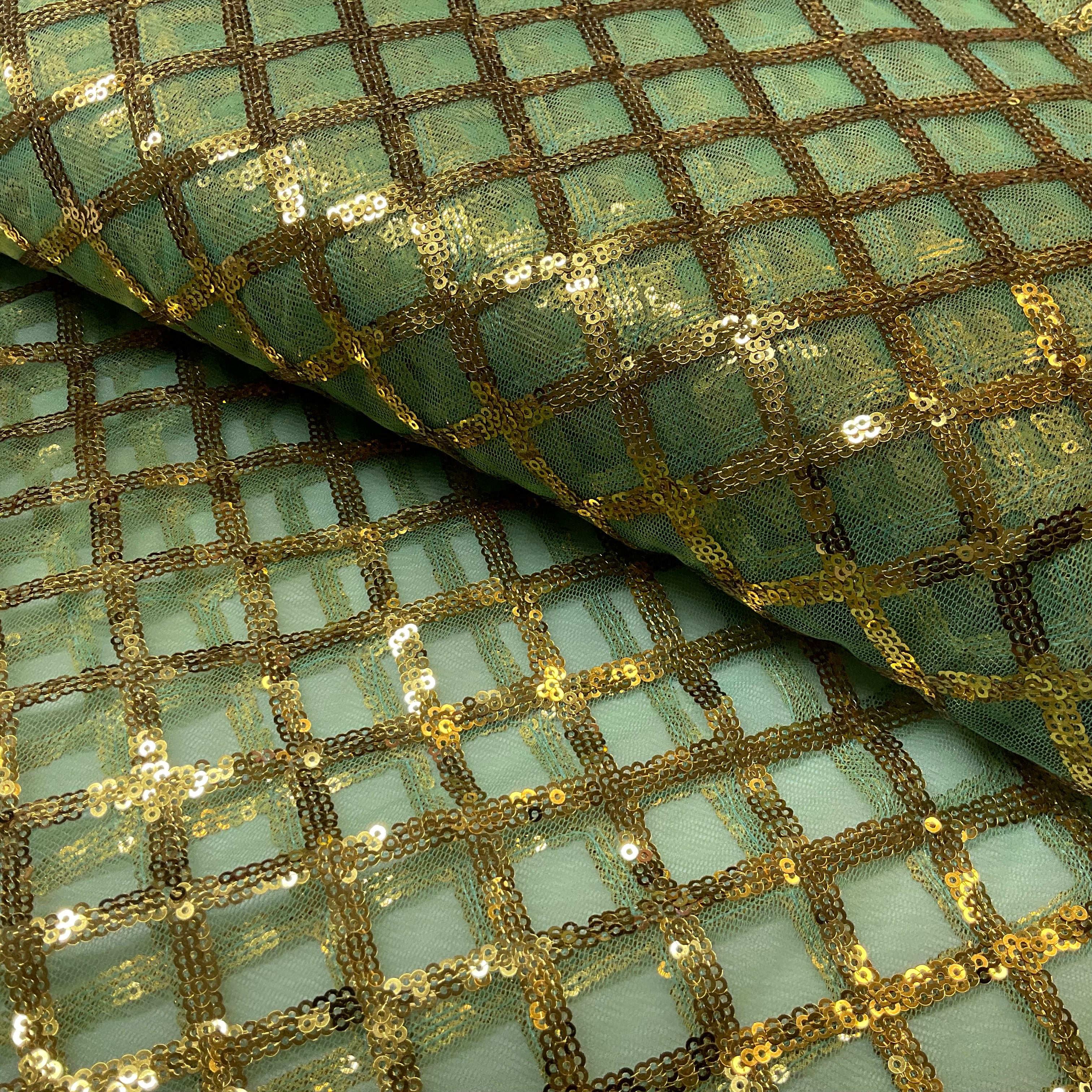 Sequin Diamond Geometric Stretch Fabric – 130cm Wide Gold, Green & Maroon M2137