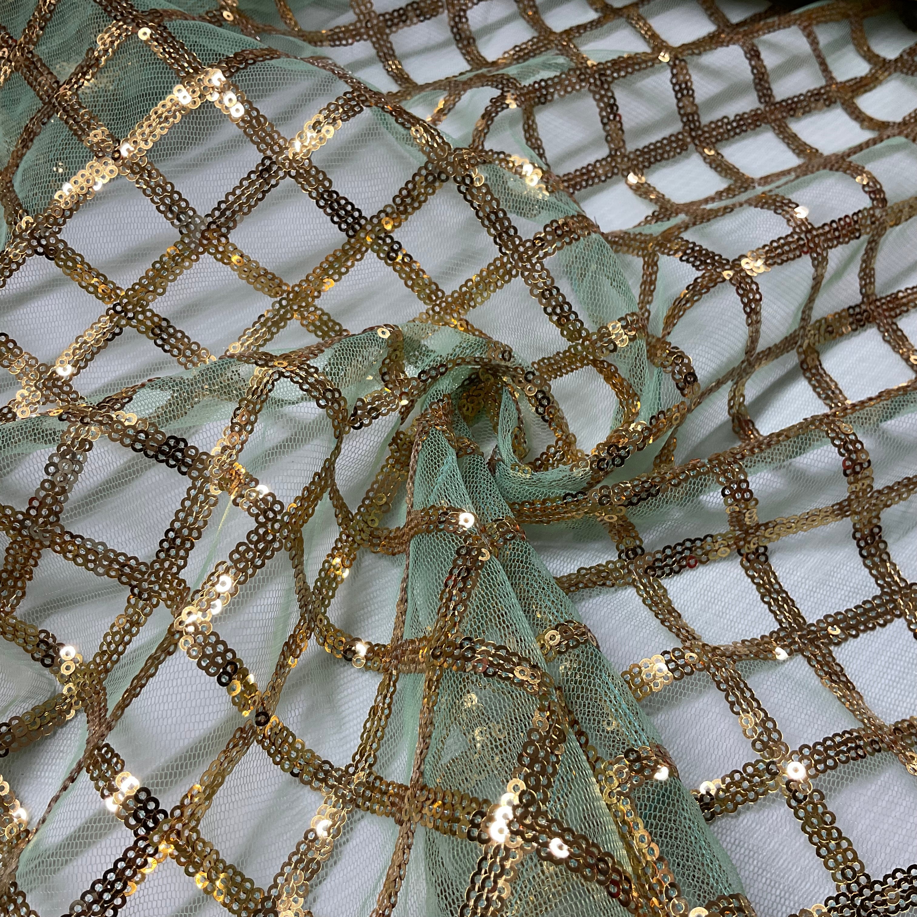 Sequin Diamond Geometric Stretch Fabric – 130cm Wide Gold, Green & Maroon M2137