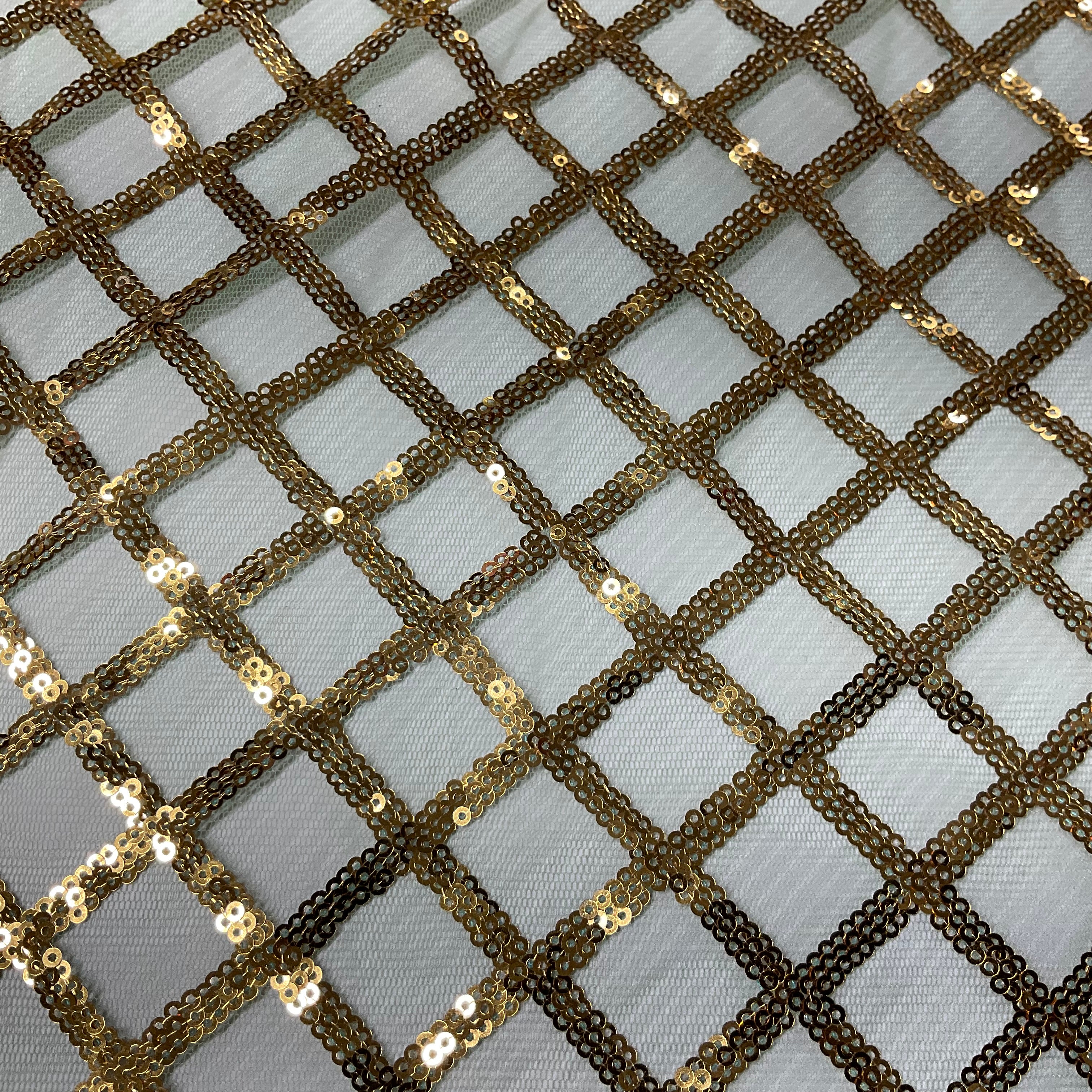 Sequin Diamond Geometric Stretch Fabric – 130cm Wide Gold, Green & Maroon M2137