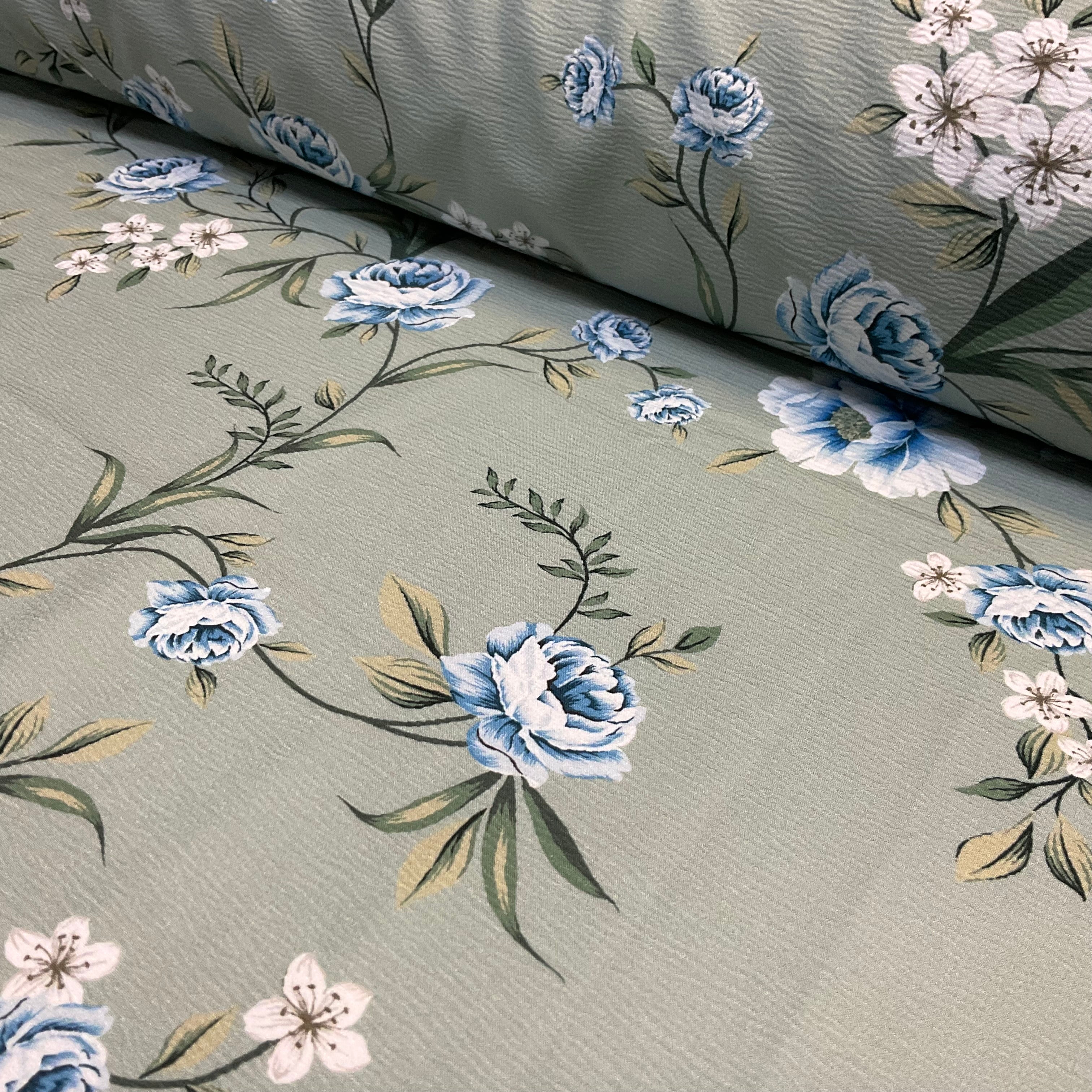 Mint Floral blossom crinkle Stretch Viscose – Soft Dressmaking fabric M2049-2