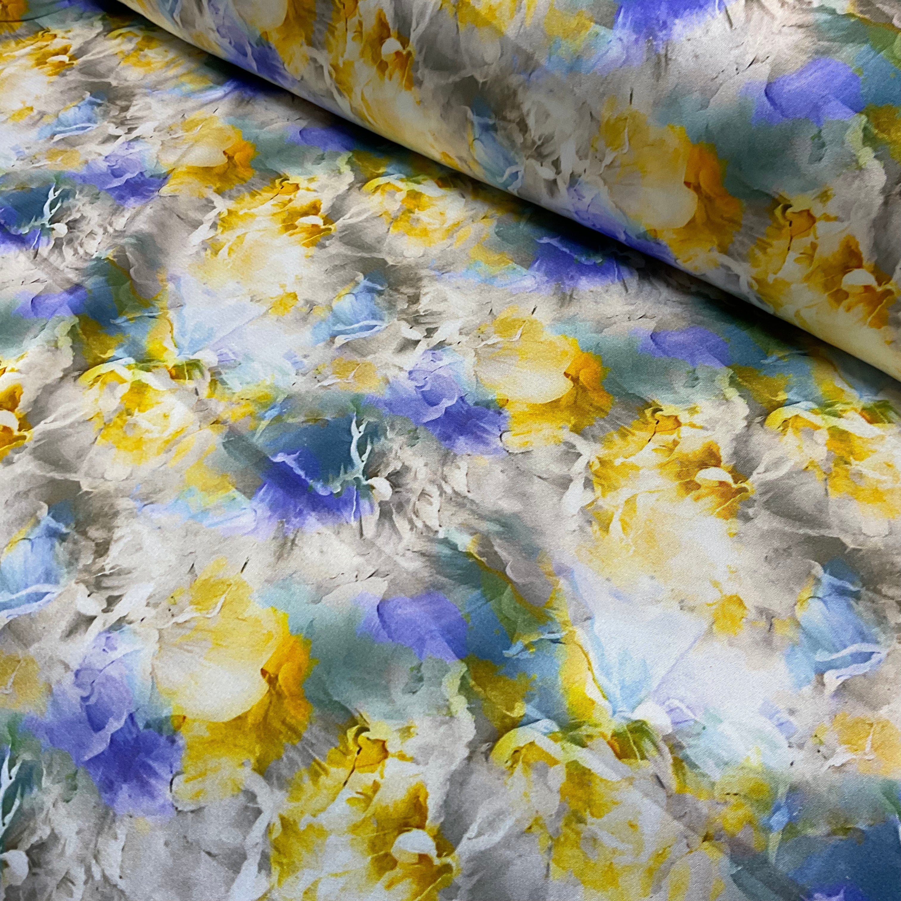 Yellow mystic bloom dreamy watercolour silky satin soft spandex dress fabric M2054-2