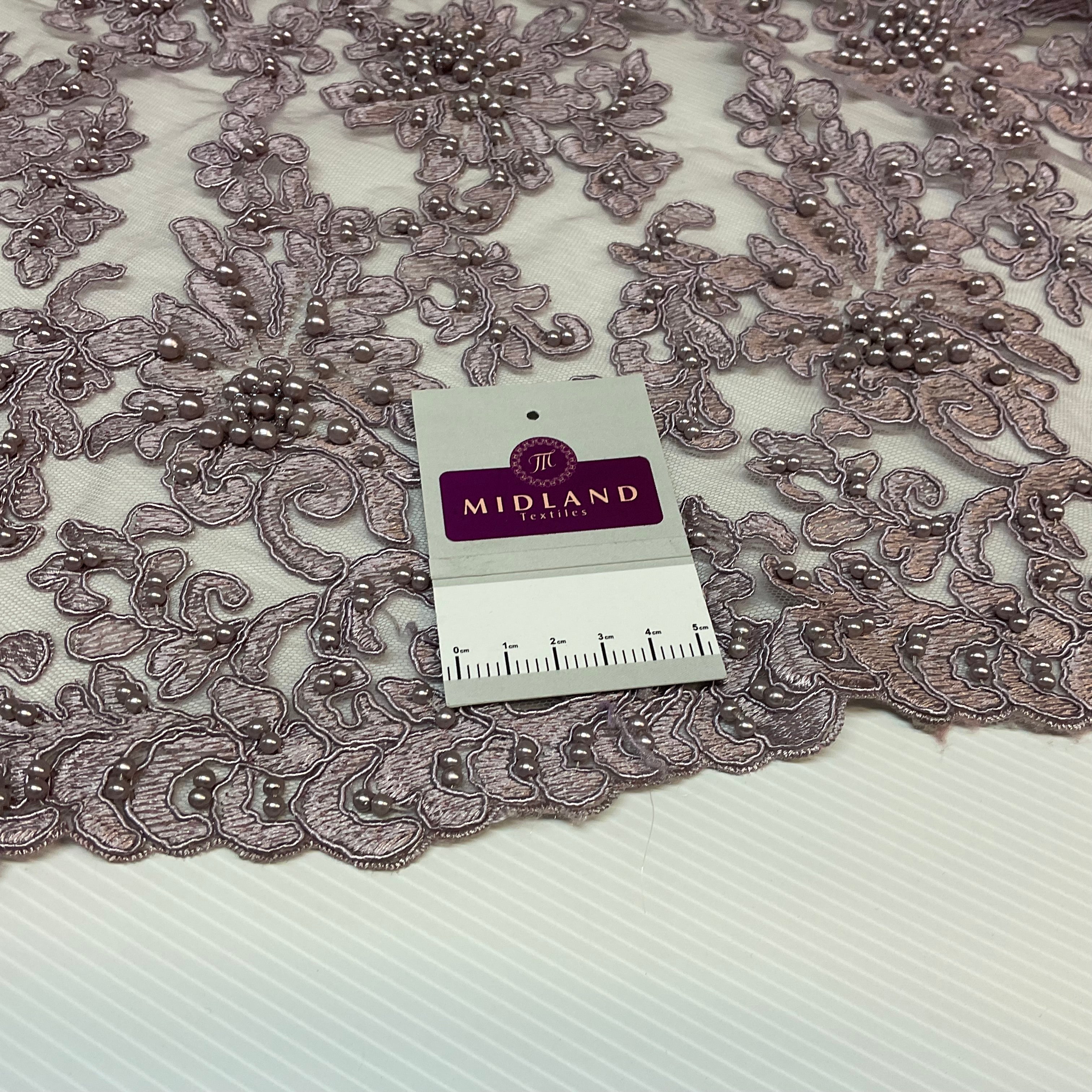 Mauve corded embroidery lace with mauve faux pearls - Double scalloped border Fabric -M1400-34