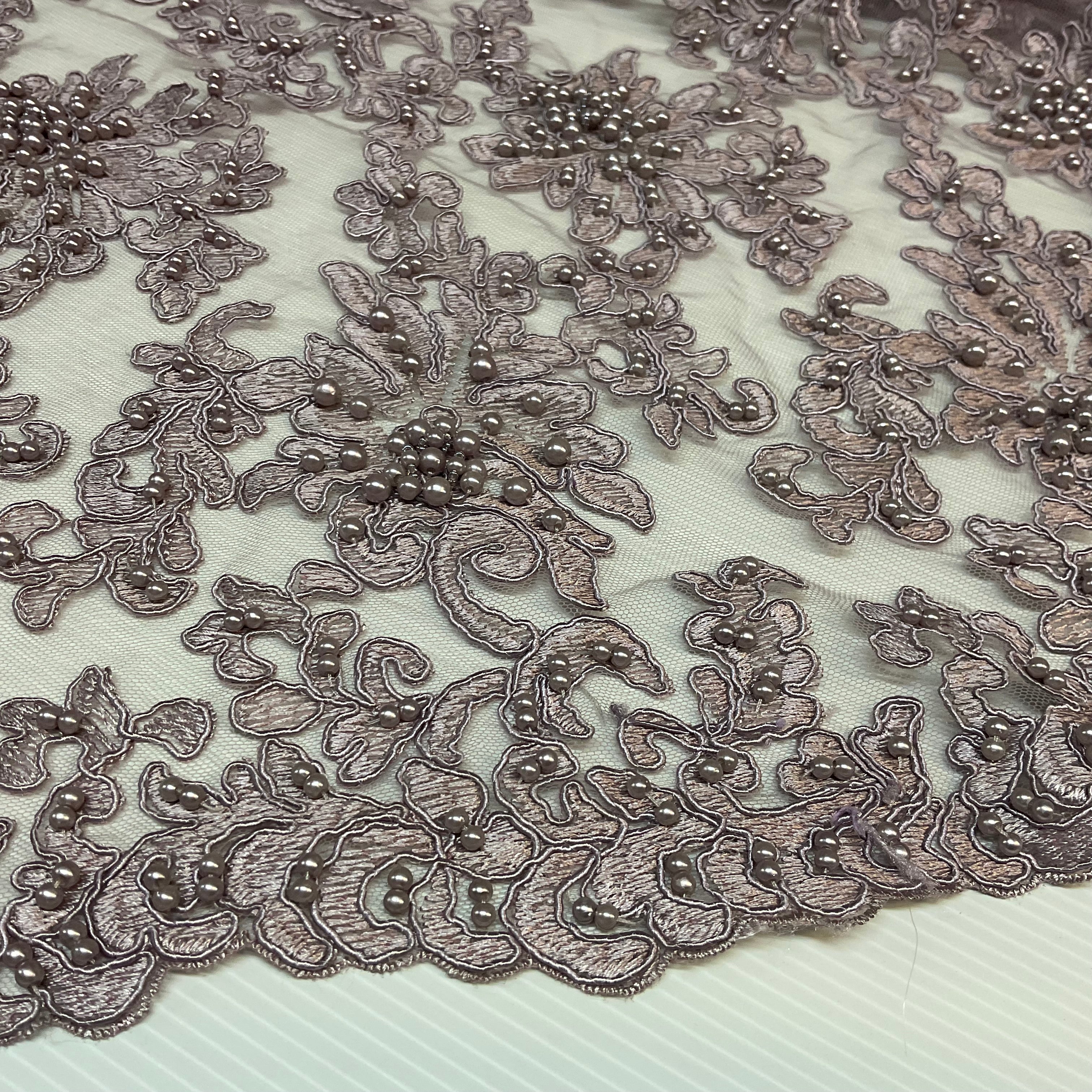 Mauve corded embroidery lace with mauve faux pearls - Double scalloped border Fabric -M1400-34