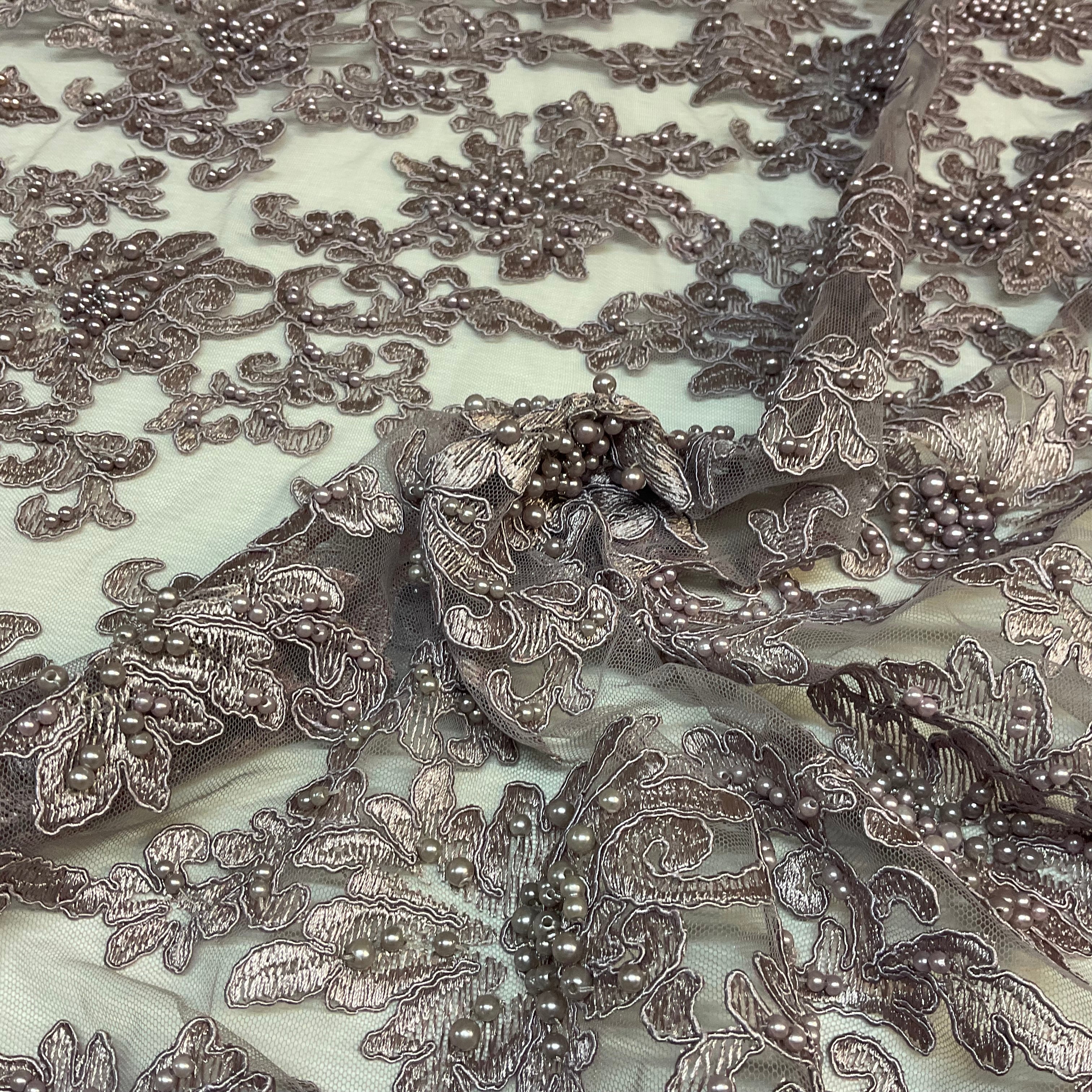 Mauve corded embroidery lace with mauve faux pearls - Double scalloped border Fabric -M1400-34