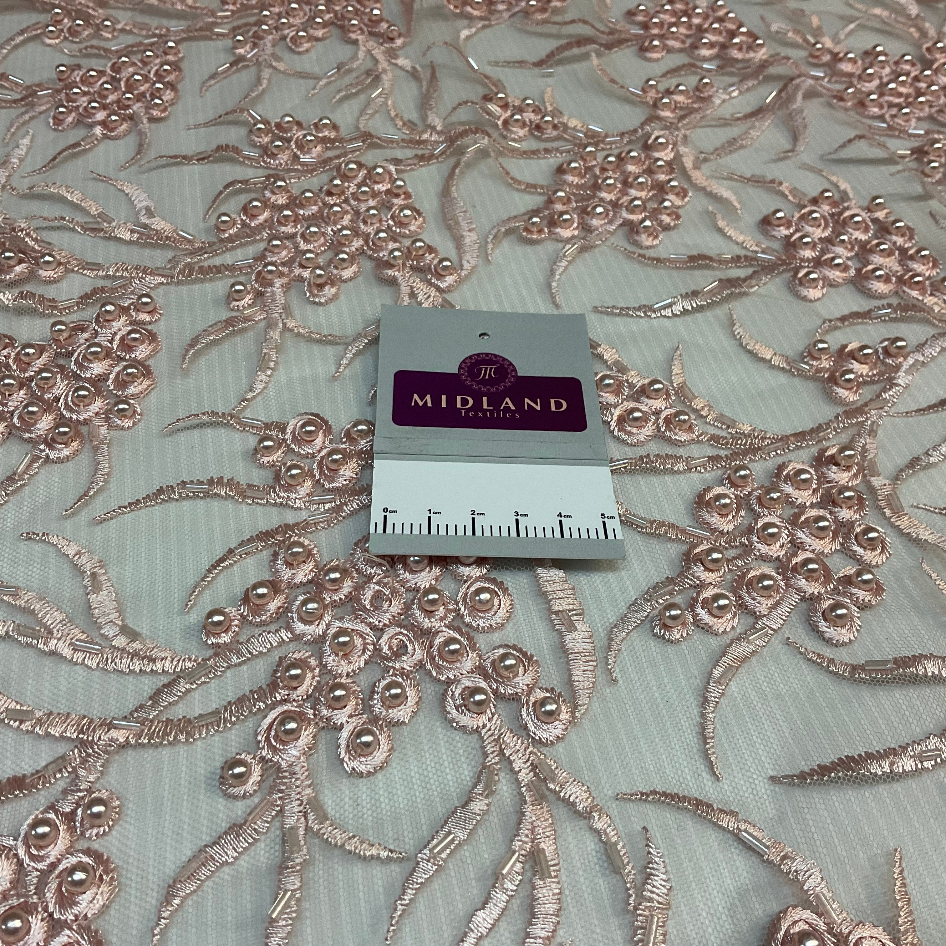 Pale Pink embroidery lace with pale pink faux pearls and pale pink bungle beads - Double scalloped border Fabric - M1400-36