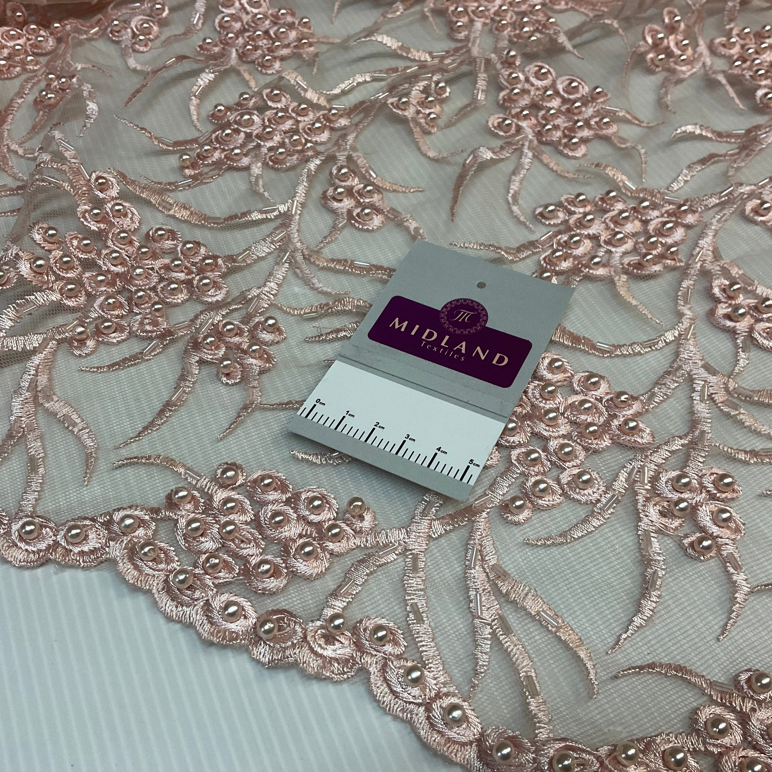 Pale Pink embroidery lace with pale pink faux pearls and pale pink bungle beads - Double scalloped border Fabric - M1400-36